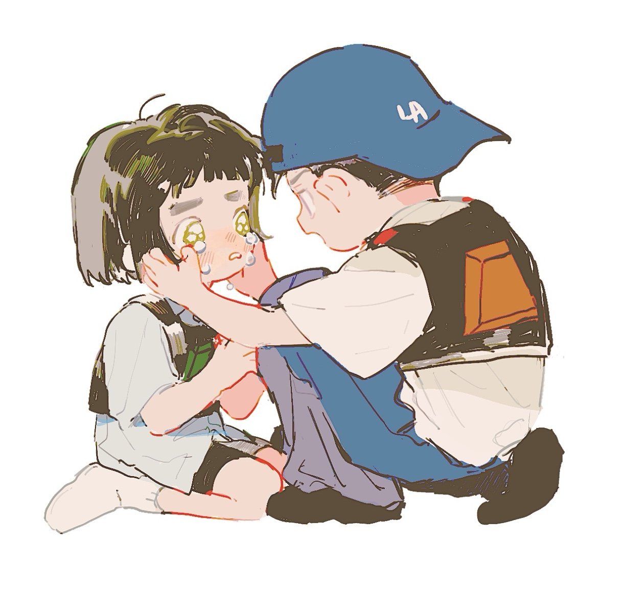 naraiaran, hwang mi-ae, kim cheol, after school lessons for unripe apples, highres, 1boy, 1girl, :o, ahoge, ankle socks, backwards hat, baseball cap, black hair, black shoes, black shorts, blue hat, blue pants, blush, bob cut, collared shirt, crying, crying with eyes open, deformed, denim, eye contact, face-to-face, full body, hands on another's face, hands up, hat, jeans, looking at another, nose blush, on one knee, open mouth, pants, parted lips, serious, shirt, shoes, short bangs, short hair, shorts, simple background, sitting, socks, squatting, t-shirt, tears, thick eyebrows, undercut, very short hair, vest, wariza, white background, white shirt, white shoes, white socks