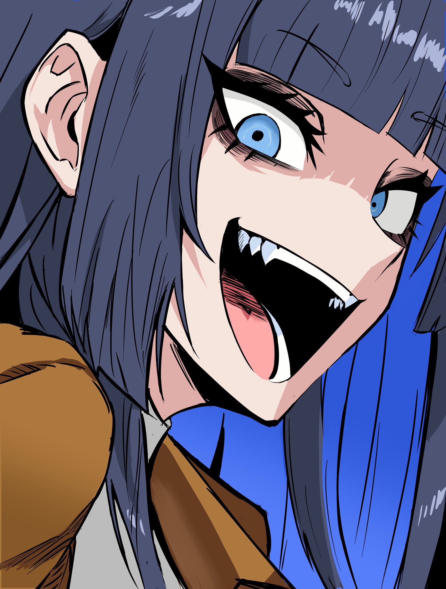 nagainegi, ouro kronii, ouro kronii (casual), hololive, hololive english, commentary, highres, 1girl, black eyeliner, black eyeshadow, blue eyes, blue hair, blunt bangs, brown coat, coat, colored inner hair, eyeliner, eyeshadow, long hair, looking at viewer, makeup, multicolored hair, official alternate costume, open mouth, portrait, shirt, sidelocks, solo, teeth, tongue, turtleneck, turtleneck shirt, virtual youtuber, white shirt