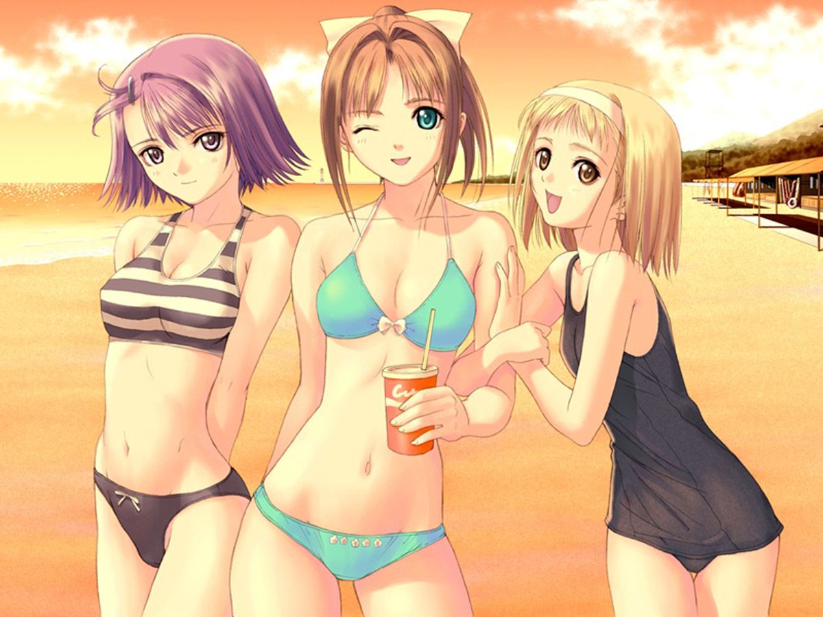 tony taka, kishi youko, shiomiya kanami, takawashi nagisa, after (game), game cg, 00s, 3girls, aqua eyes, arm hug, arms behind back, beach, bikini, black one-piece swimsuit, blonde hair, blue eyes, bow, bowtie, bra, breasts, brown eyes, brown hair, cleavage, cloud, drink, flat chest, hair bow, hair ornament, hairband, hairclip, lingerie, lowleg, lowleg bikini, medium breasts, multiple girls, navel, one-piece swimsuit, one eye closed, outdoors, ponytail, purple eyes, purple hair, sand, school swimsuit, short hair, sky, small breasts, smile, soda, striped bikini, striped bra, striped clothes, sunset, swimsuit, tankini, underwear, water, wink