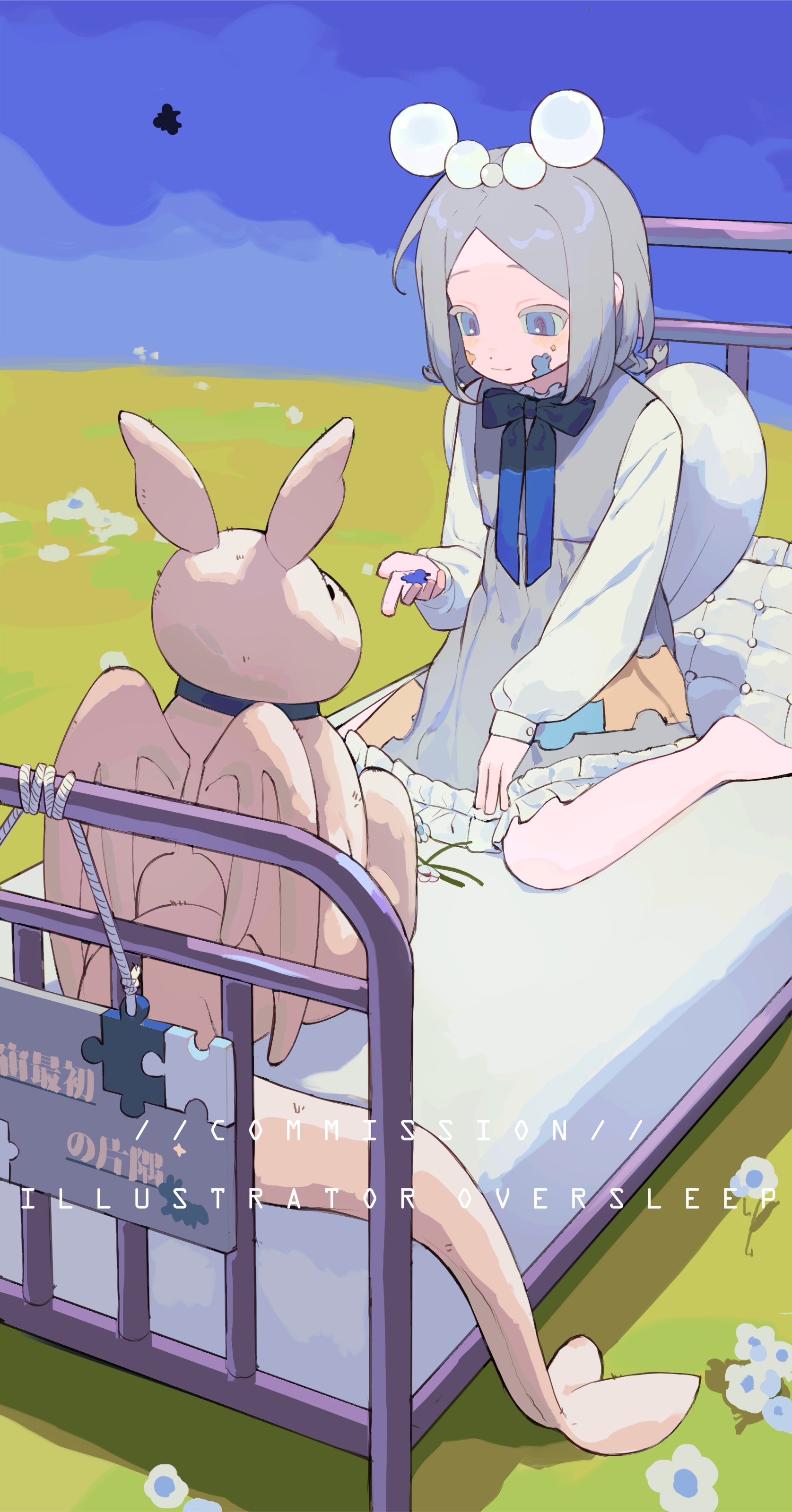 oversleep, original, absurdres, highres, 1girl, bandaid, bandaid on face, bare legs, barefoot, bed, blue bow, blue eyes, blue sky, bow, bowtie, day, dress, english text, flower, frilled dress, frills, full body, grass, grey dress, grey hair, hair ornament, long sleeves, on bed, outdoors, parted bangs, puffy long sleeves, puffy sleeves, puzzle, rabbit, short hair, sitting, sky, smile, stuffed animal, stuffed rabbit, stuffed toy, wariza, white flower