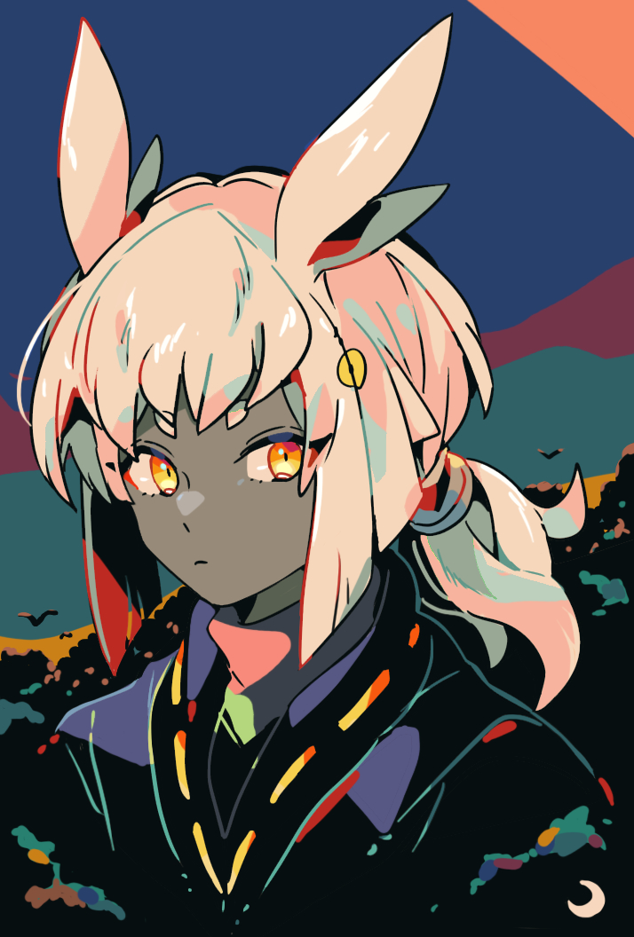 mizuki tsukimori, sky child, sky: children of the light, commentary request, 1girl, black kimono, closed mouth, colored skin, eyelashes, grey skin, japanese clothes, kimono, long hair, looking at viewer, orange eyes, outdoors, ponytail, ribbon-trimmed kimono, ribbon trim, simple bird, solo, thick eyebrows, upper body, white hair