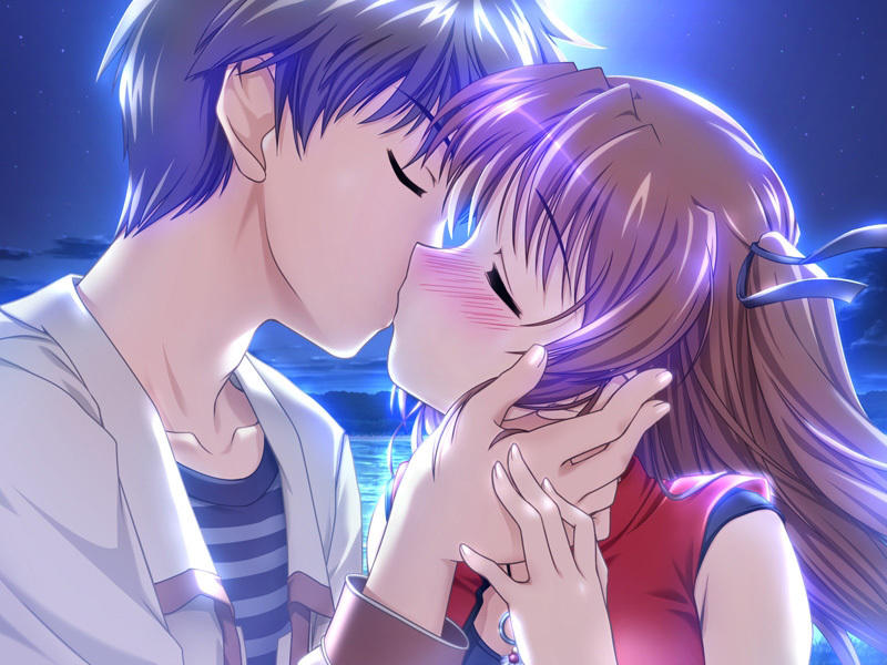 bekkankou, takamizawa natsuki, yoake mae yori ruri iro na, light, game cg, 1boy, 1girl, backlighting, beach, blush, brown hair, china dress, chinese clothes, close-up, closed eyes, couple, dress, hair ribbon, hetero, holding, jewelry, kiss, moonlight, necklace, night, ribbon, shirt