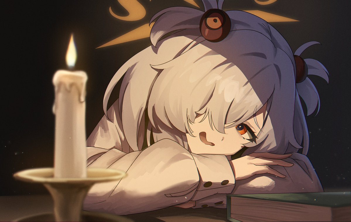 yakishio (yakishio 236), kanoe (blue archive), blue archive, bags under eyes, brown halo, candle, candlelight, candlestand, dark, fire, hair over one eye, halo, long sleeves, open mouth, orange eyes, orange halo, smile, upper body