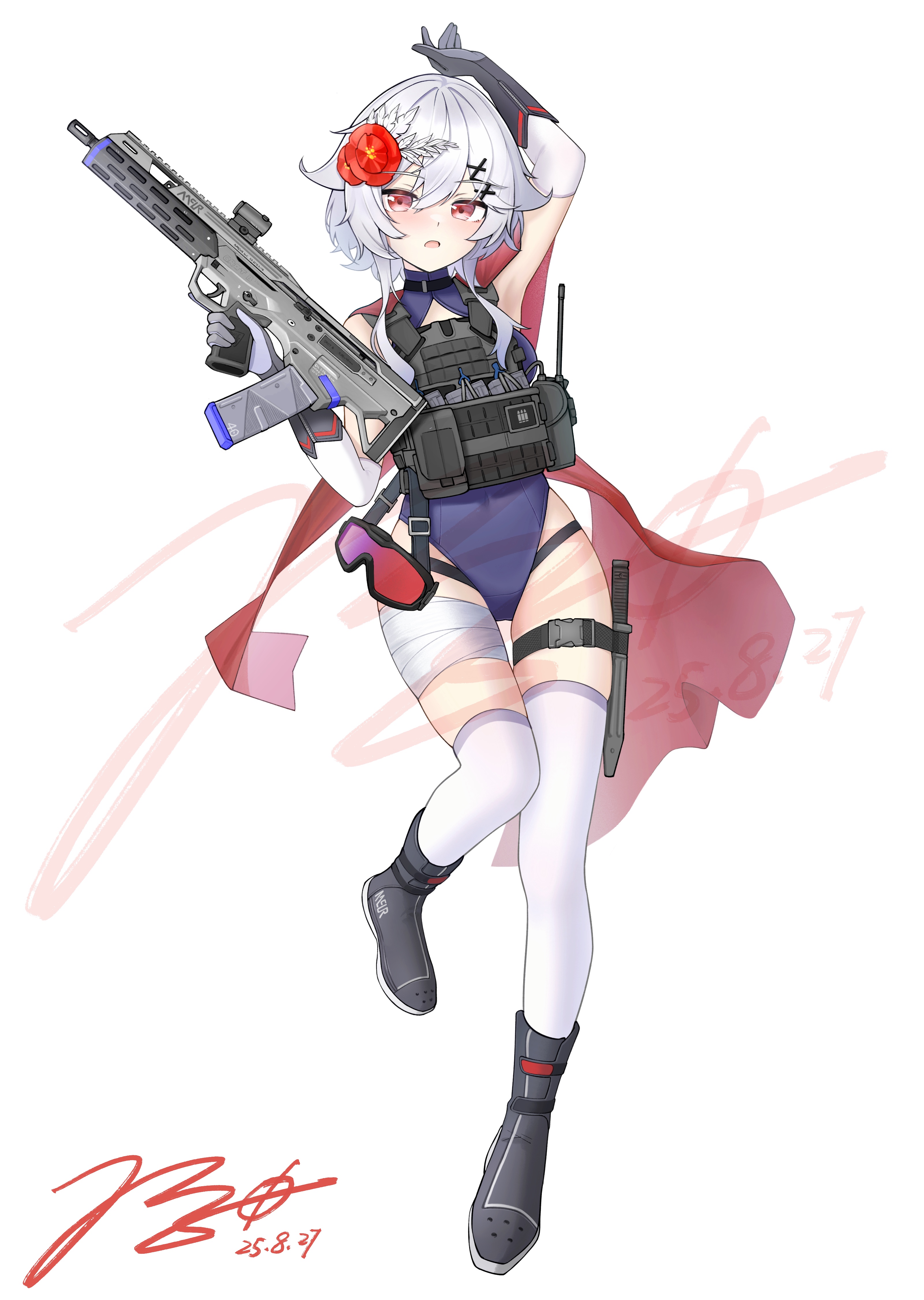 jerry wang, original, absurdres, chinese commentary, commentary request, flower request, highres, 1girl, ammunition pouch, arm up, armpits, assault rifle, bandaged leg, bandages, black gloves, boots, breasts, buckle, bulletproof vest, bullpup, cape, clothes writing, covered navel, dated, fb msbs grot, feather hair ornament, feathers, flower, full body, gloves, goggles, grey boots, gun, hair flower, hair ornament, holster, knife, knife sheath, leotard, load bearing vest, magazine (weapon), medium hair, open mouth, optical sight, pouch, purple leotard, red-tinted eyewear, red cape, rifle, sheath, sidelocks, signature, simple background, skindentation, small breasts, snap-fit buckle, solo, standing, tactical clothes, thigh holster, thigh strap, thighhighs, tinted eyewear, trigger discipline, unworn goggles, walkie-talkie, watermark, weapon, white background, white hair, white thighhighs, x hair ornament, zettai ryouiki