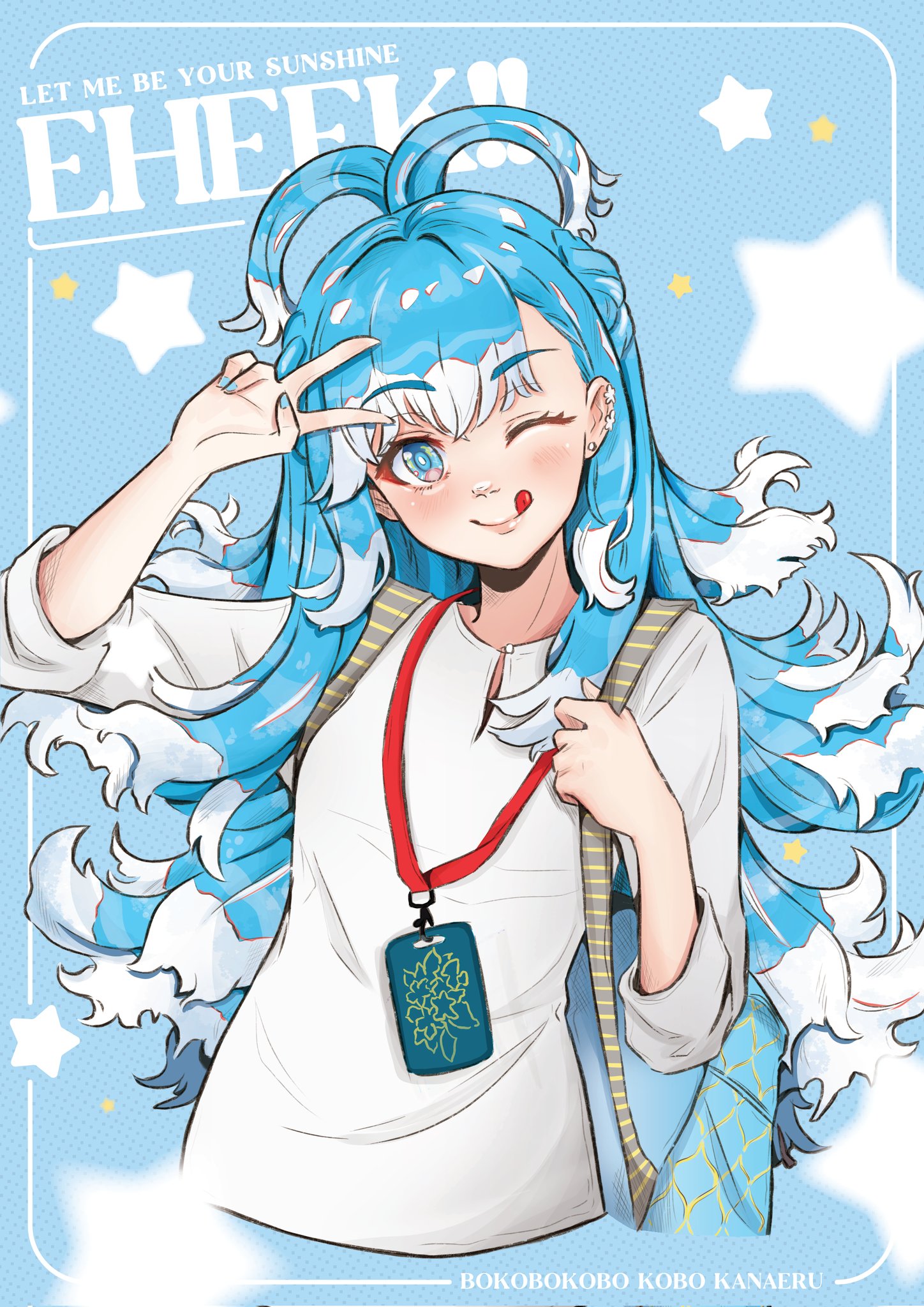 aqil ng, kobo kanaeru, hololive, hololive indonesia, highres, 1girl, bag, baju kurung, blue eyes, blue hair, holding, holding bag, lanyard, liquid hair, long hair, looking at viewer, malaysian secondary school uniform, multicolored hair, one eye closed, school uniform, sleeves rolled up, smile, solo, tongue, tongue out, v, virtual youtuber, white hair