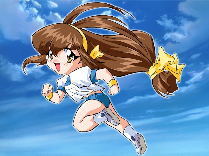 d-ten, kanzaki akari, battle athletes, 1990s (style), 1girl, brown hair, chibi, day, female focus, gym uniform, long hair, low-tied long hair, retro artstyle, running, sky, solo