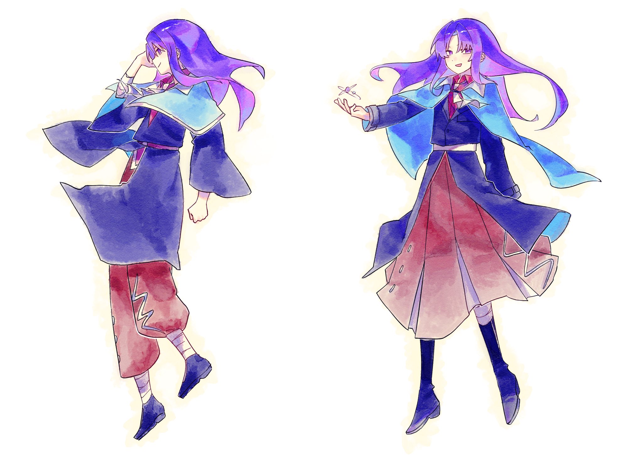 re1re133, clause (len'en), len'en, highres, 1other, adapted costume, androgynous, atom, bandaged leg, bandages, belt, belt buckle, black boots, black shoes, blue capelet, blue coat, boots, brown hakama, brown pants, buckle, buttons, capelet, closed mouth, coat, collared coat, collared shirt, dress shoes, floating clothes, floating hair, from side, full body, hakama, hakama skirt, hand in own hair, happy, high belt, japanese clothes, long hair, long sleeves, necktie, object floating above hand, open mouth, other focus, outline, outstretched hand, pants, parted bangs, pink shirt, pointy nose, purple belt, purple eyes, purple hair, shirt, shoes, simple background, skirt, smirk, variations, white background, white belt, white necktie, yellow outline