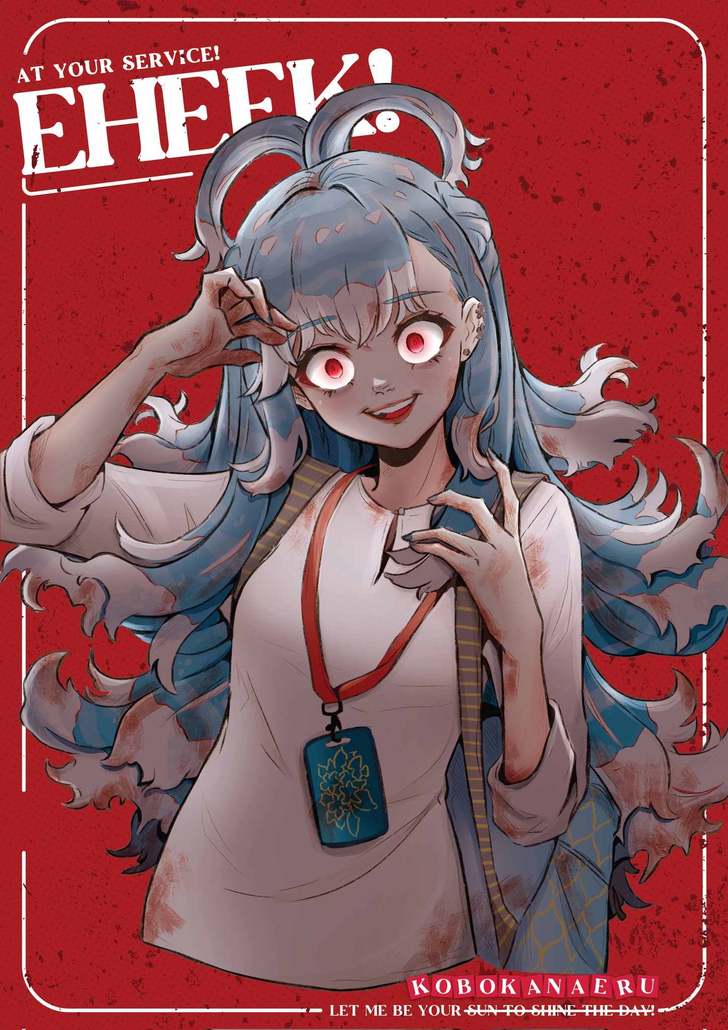 aqil ng, kobo kanaeru, hololive, hololive indonesia, highres, 1girl, bag, baju kurung, blood, blood on clothes, blood on face, blood on hands, blue eyes, blue hair, holding, holding bag, lanyard, liquid hair, long hair, looking at viewer, malaysian secondary school uniform, multicolored hair, school uniform, sleeves rolled up, smile, solo, tongue, tongue out, virtual youtuber, white hair, yandere