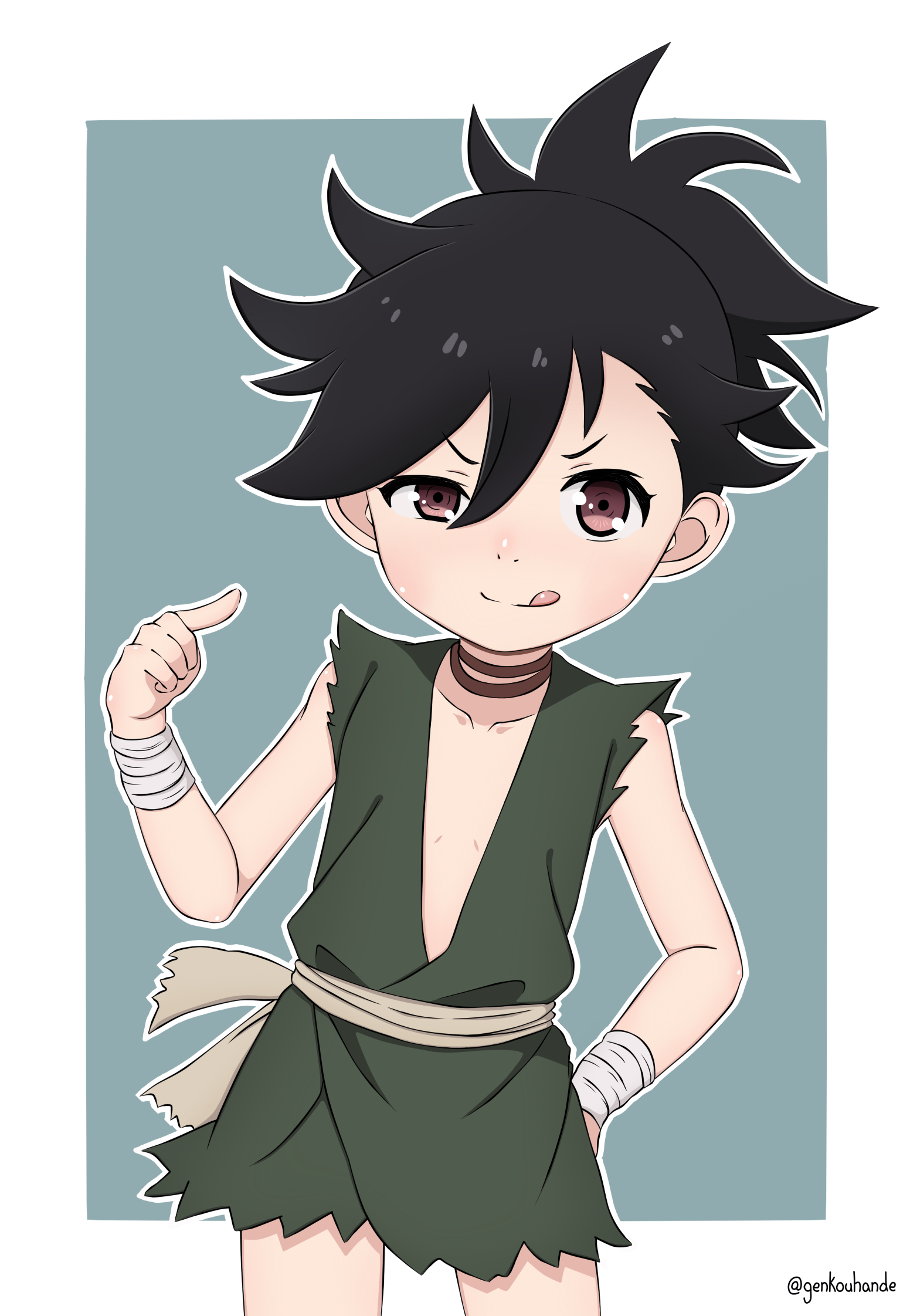 genkouhande, dororo (character), dororo (tezuka), commentary request, highres, 1girl, black hair, border, brown eyes, collarbone, cowboy shot, eyelashes, hair between eyes, licking lips, looking at viewer, ponytail, reverse trap, short hair, solo, tongue, tongue out, twitter username, white border