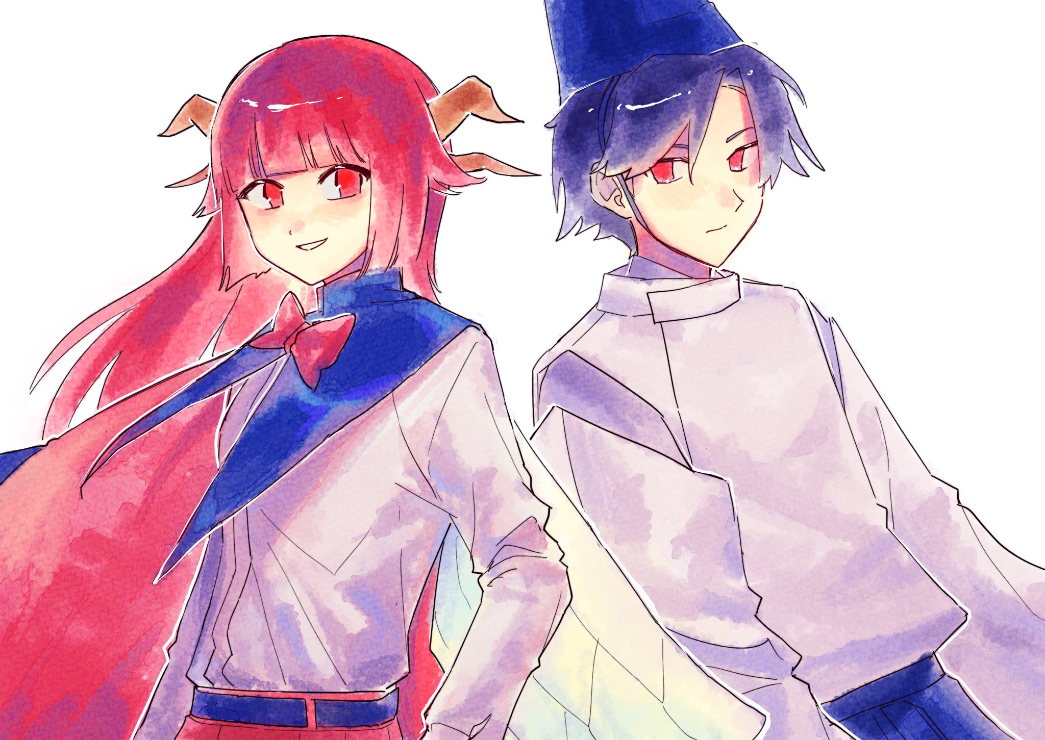 re1re133, shingyoku (female), shingyoku (male), shingyoku (touhou), touhou, touhou (pc-98), highres, 1boy, 1girl, belt, black belt, blue cape, blue hair, blue hakama, blue hat, blunt bangs, bow, bowtie, cape, closed mouth, collared cape, cowboy shot, demon horns, demon wings, detached sleeves, dual persona, expressionless, hakama, hand on own hip, happy, hat, high collar, horns, japanese clothes, kariginu, long hair, long sleeves, multiple horns, open mouth, parted bangs, red bow, red bowtie, red cape, red eyes, red hair, red hakama, shirt, short hair, simple background, smile, tate eboshi, traditional bowtie, two-sided cape, two-sided fabric, white background, white shirt, white sleeves, white wings, wings, yellow horns