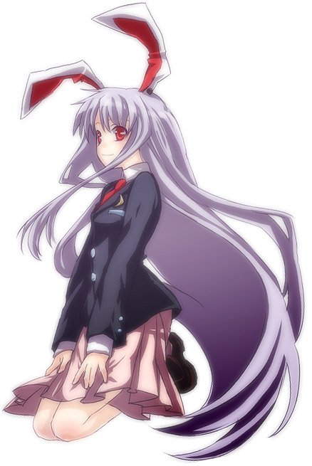 mimana, reisen udongein inaba, touhou, 1girl, animal ears, female focus, kneeling, long hair, necktie, purple hair, rabbit ears, red eyes, red necktie, skirt, solo