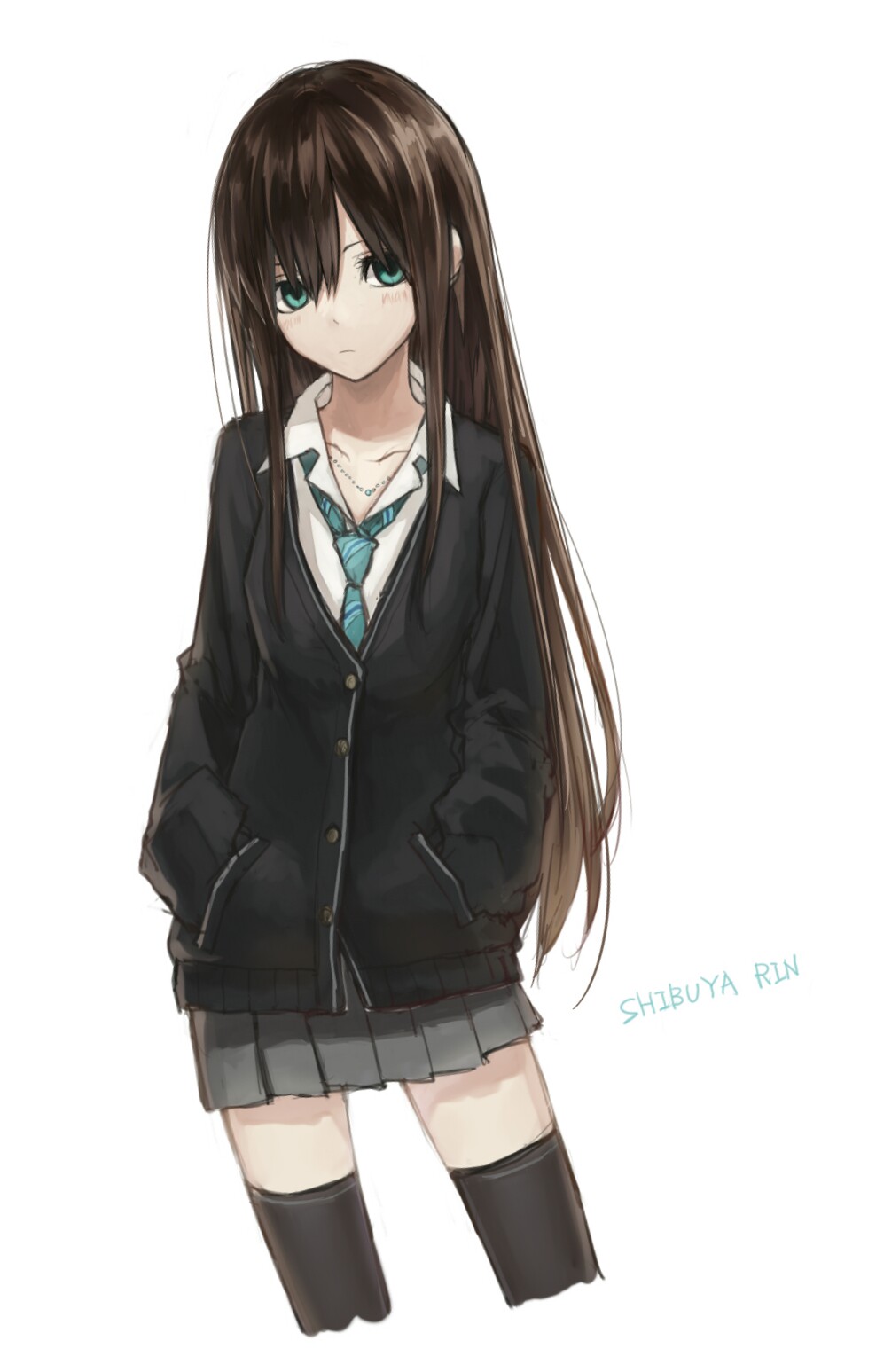 hashimoto kokai, shibuya rin, idolmaster, idolmaster cinderella girls, highres, 1girl, blue eyes, brown hair, hands in pockets, long hair, necktie, school uniform, solo, thighhighs, white background