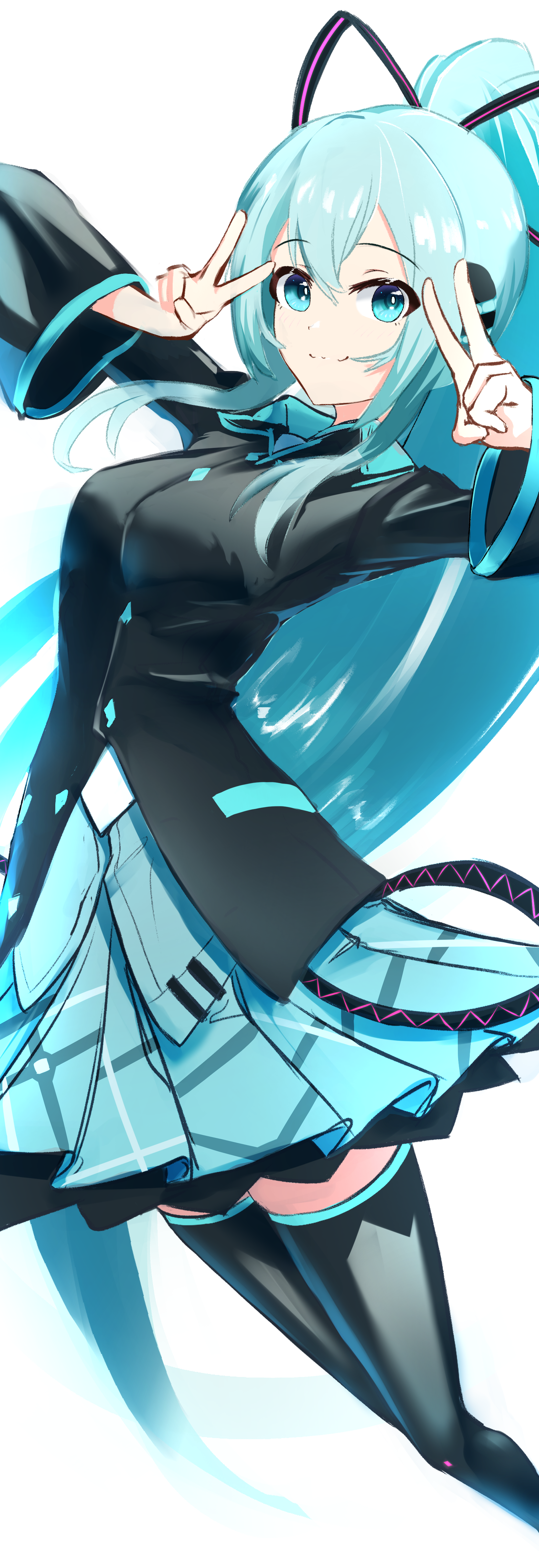 tatekami rei, hatsune miku, hatsune miku (if), vocaloid, absurdres, commentary request, highres, 1girl, :3, aqua eyes, aqua hair, aqua shirt, aqua skirt, aqua trim, arched back, black jacket, black ribbon, black thighhighs, breasts, bright pupils, buttons, closed mouth, collared jacket, double-parted bangs, double v, feet out of frame, foreshortening, hair between eyes, hair over shoulder, hair ribbon, hands up, high ponytail, jacket, jumping, long hair, long sleeves, looking at viewer, miku day, miniskirt, pleated skirt, ponytail, ribbon, shirt, sidelocks, simple background, skirt, small breasts, solo, thighhighs, v, very long hair, white background, white pupils, zettai ryouiki