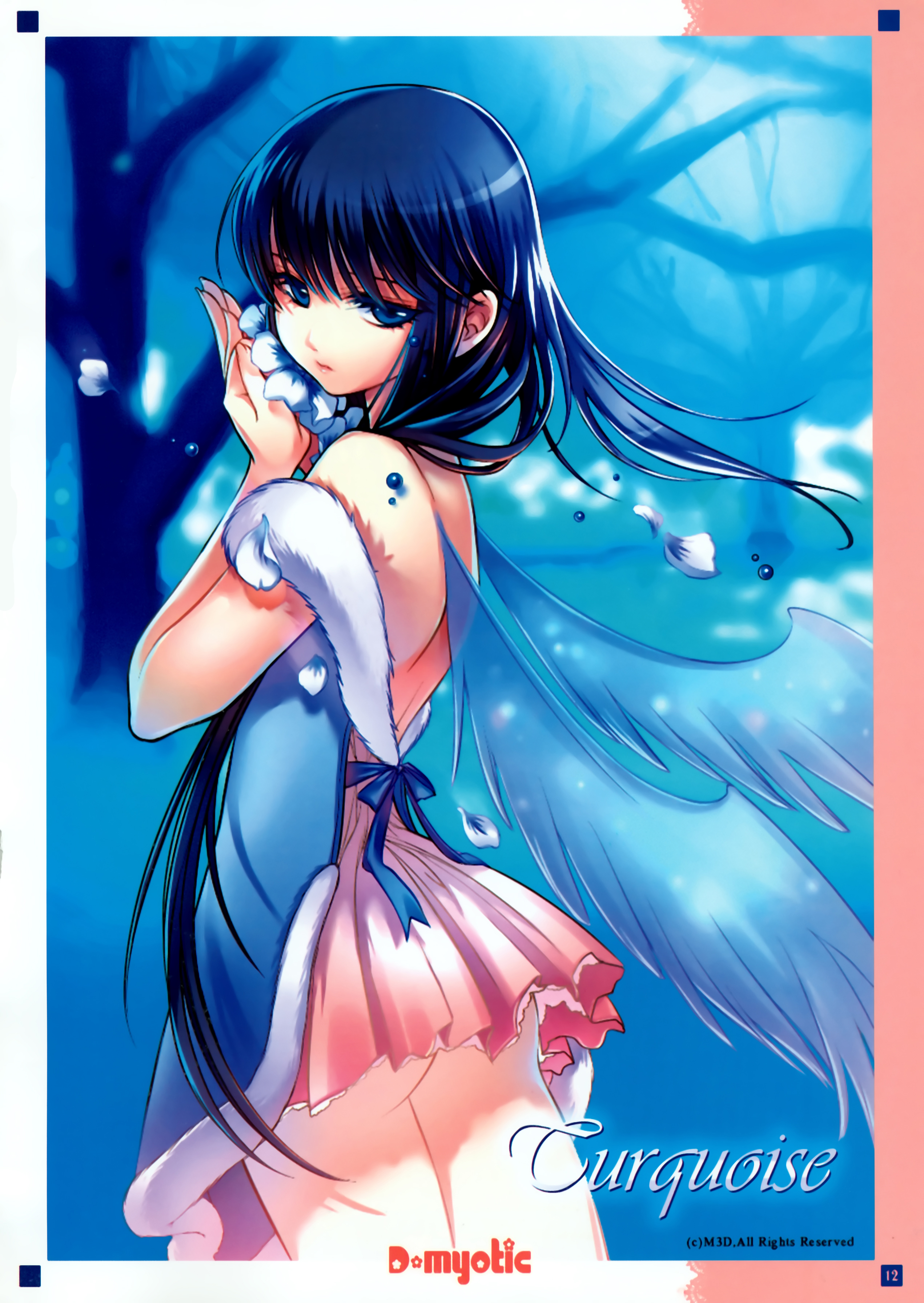 shirahane nao, turquoise, dmyotic, absurdres, highres, scan, 1girl, aqua theme, backless dress, backless outfit, blue background, colored eyelashes, cowboy shot, dress, english text, female focus, flower, from side, long hair, solo, very long hair, water drop, wings