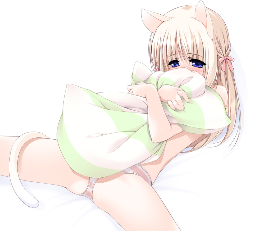 ooji, 1girl, animal ears, blue eyes, blush, cat ears, cat tail, embarrassed, female focus, loli, panties, pillow, ribbon, sexually suggestive, solo, spread legs, striped clothes, striped panties, tail, twintails, underwear