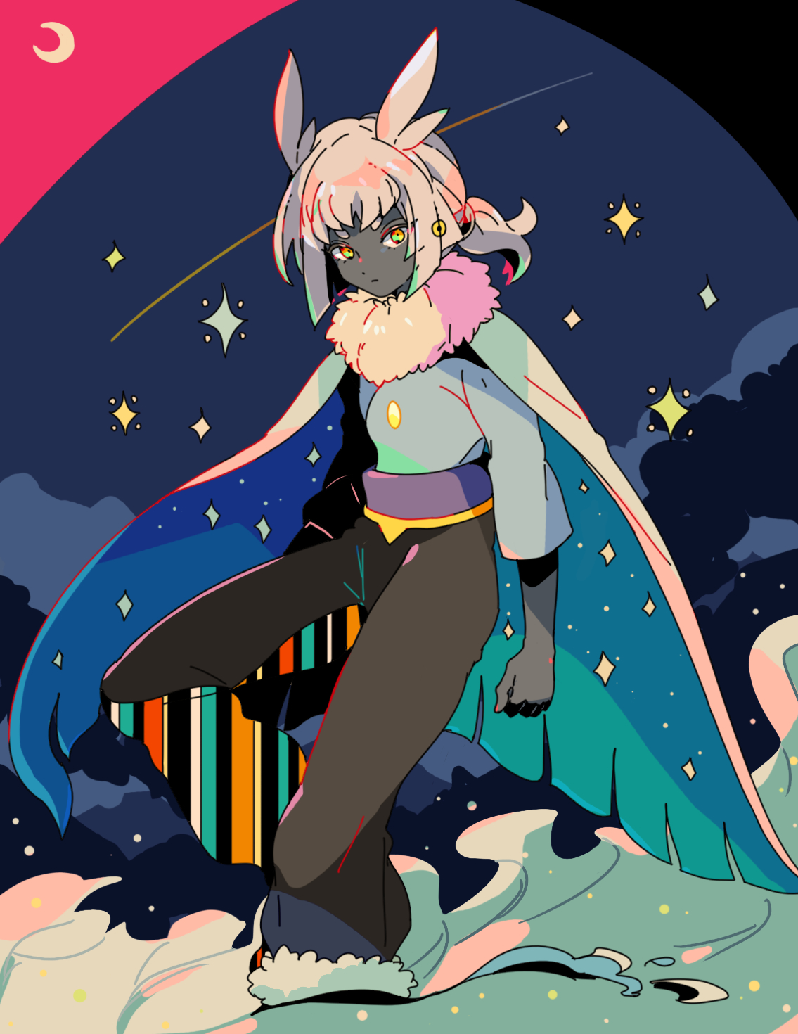 mizuki tsukimori, sky child, sky: children of the light, commentary request, highres, 1girl, blue shirt, cape, closed mouth, colored skin, feet out of frame, grey pants, grey skin, long sleeves, looking at viewer, pants, ponytail, shirt, short hair, solo, sparkle, water, white cape, white hair, yellow eyes