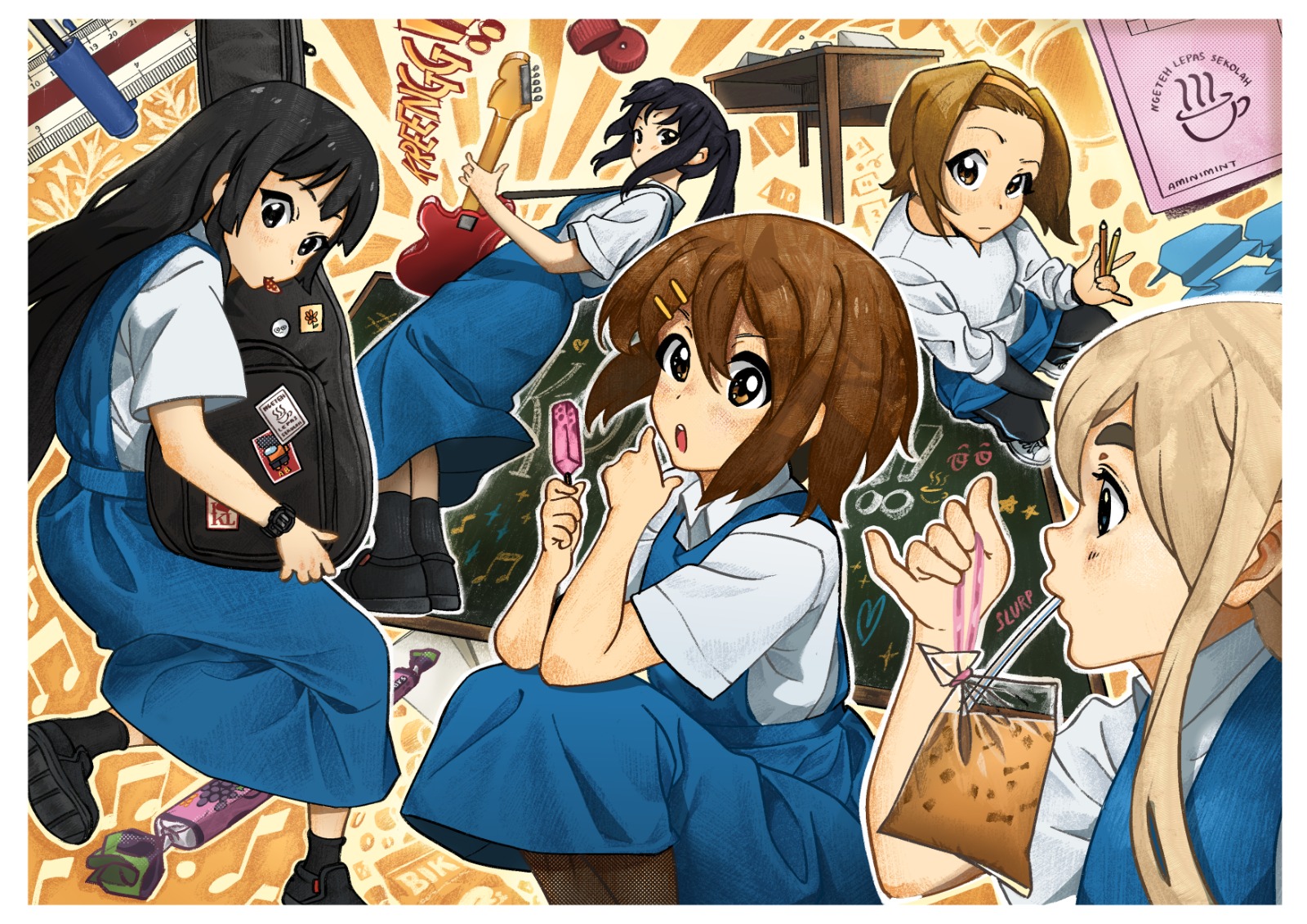amin (aminimint), akiyama mio, hirasawa yui, kotobuki tsumugi, nakano azusa, tainaka ritsu, k-on!, highres, 5girls, baju kurung, black eyes, black hair, black shoes, black socks, blonde hair, bottle cap, brown eyes, brown hair, chalkboard, dress, drinking, electric guitar, food, guitar, guitar case, holding, holding food, holding guitar, holding instrument, holding popsicle, instrument, instrument case, long hair, malaysian clothes, malaysian secondary school uniform, milk tea, multiple girls, origami, pen, pinafore dress, popsicle, ruler, school uniform, shoes, short hair, sleeveless, sleeveless dress, sleeves rolled up, socks, sound effects, table, thighhighs, twintails, white shoes