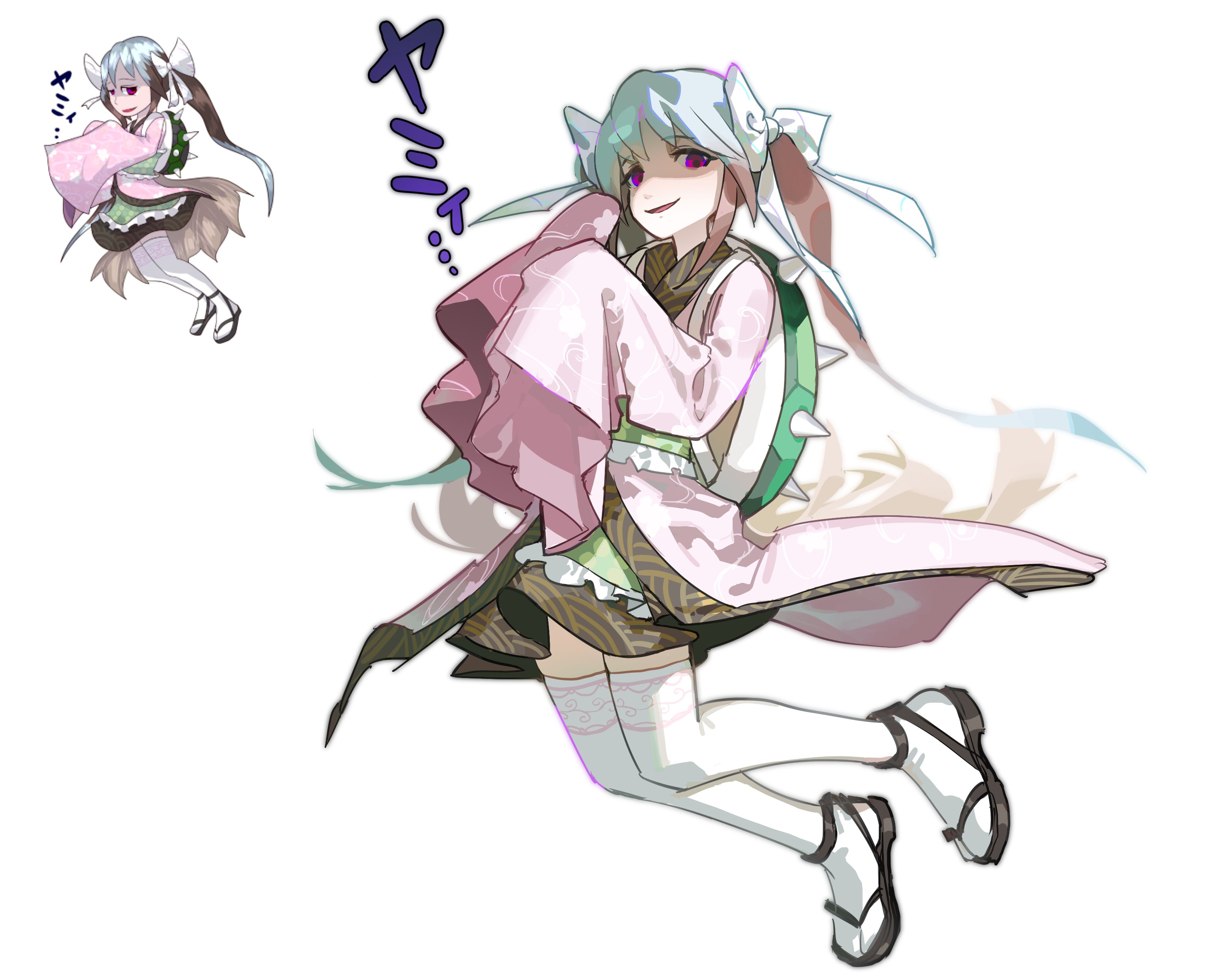 favnvs (s910a ib6), original, touhou, absurdres, character request, copyright request, highres, 1girl, backpack, bag, black sandals, bow, brown hair, cherry blossom print, evil smile, floating clothes, floral print, frilled skirt, frills, full body, green skirt, grey hair, hair bow, japanese clothes, kimono, long hair, long sleeves, miniskirt, multicolored hair, open mouth, pink kimono, purple eyes, reference inset, sandals, shaded face, sidelocks, simple background, skirt, smile, solo, spiked shell, tabi, thighhighs, turtle shell, twintails, two-tone hair, very long hair, white background, white bow, white thighhighs, wide sleeves, zouri