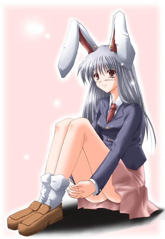subaru noji, reisen udongein inaba, touhou, 1girl, animal ears, ass, brown shoes, female focus, full body, necktie, rabbit ears, shoes, sitting, skirt, solo