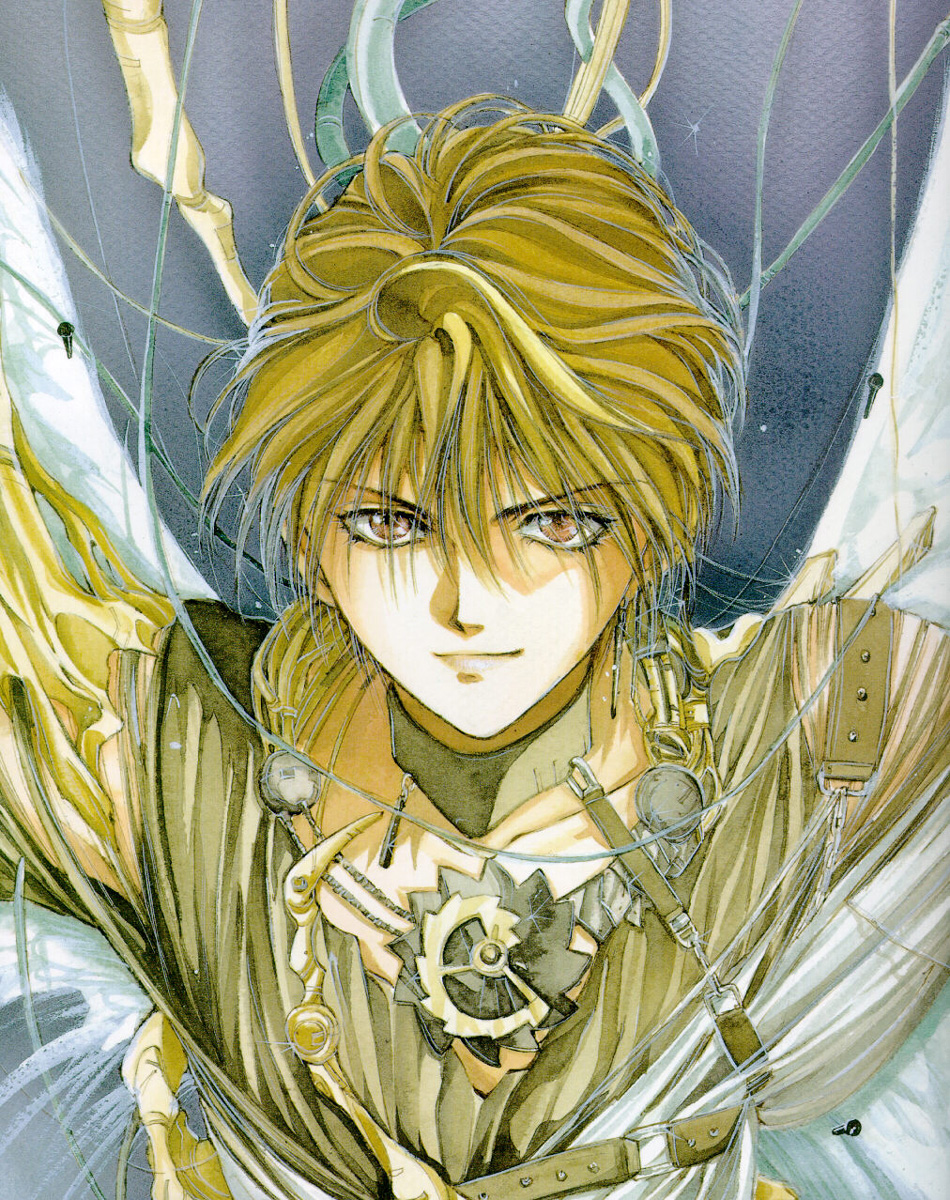 yuki kaori, mudou setsuna, angel cage, angel sanctuary, artbook, highres, 1boy, angel wings, blonde hair, brown eyes, cable, earrings, jewelry, male focus, short hair, smirk, solo, wings
