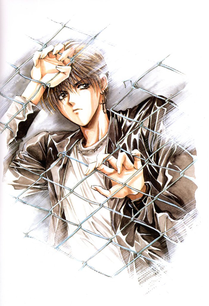 yuki kaori, mudou setsuna, angel cage, angel sanctuary, artbook, 1boy, blonde hair, brown eyes, chain-link fence, earrings, fence, jacket, jewelry, leather, leather jacket, male focus, necklace, short hair, solo
