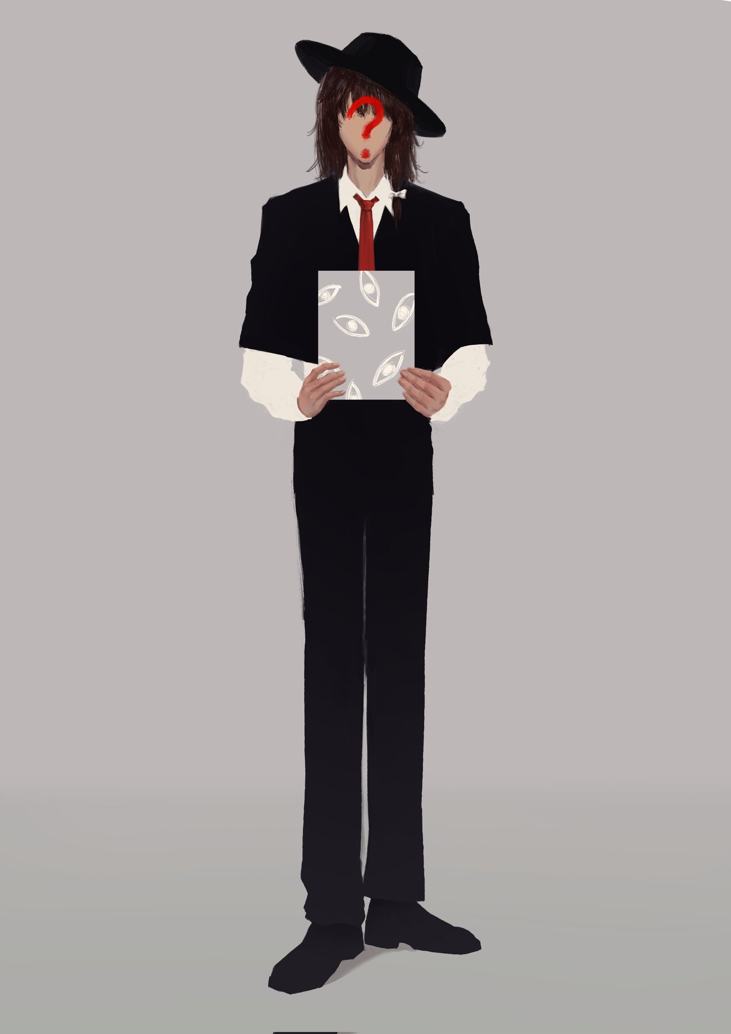 usami renko, touhou, highres, 1boy, 320tbsyc, ?, black hat, black jacket, black pants, black shoes, book, brown hair, collared shirt, disembodied eye, dress pants, dress shoes, faceless, faceless male, full body, genderswap, genderswap (mtf), grey background, hat, holding, holding book, jacket, layered sleeves, long sleeves, male focus, medium hair, pants, shadow, shirt, shoes, short over long sleeves, short sleeves, simple background, solo, standing, white shirt
