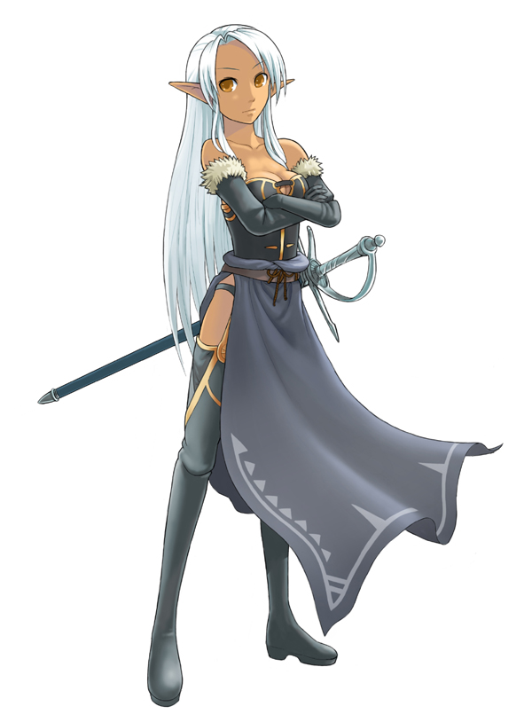 yuugiri (artist), yuugiri (illustyard), yuugiri (u-slash), original, 1girl, bare shoulders, boots, breasts, cleavage, dark-skinned female, dark skin, dress, elf, female focus, full body, long hair, pointy ears, solo, standing, sword, thigh boots, thighhighs, weapon, white hair, yellow eyes