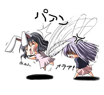 inaba tewi, reisen udongein inaba, touhou, lowres, 2girls, animal ears, barefoot, chibi, female focus, multiple girls, rabbit ears, white background