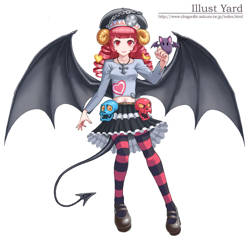 yuugiri (artist), yuugiri (illustyard), yuugiri (u-slash), striped, 1girl, bat wings, demon tail, female focus, horns, pantyhose, red eyes, red hair, solo, tail, thighhighs, wings