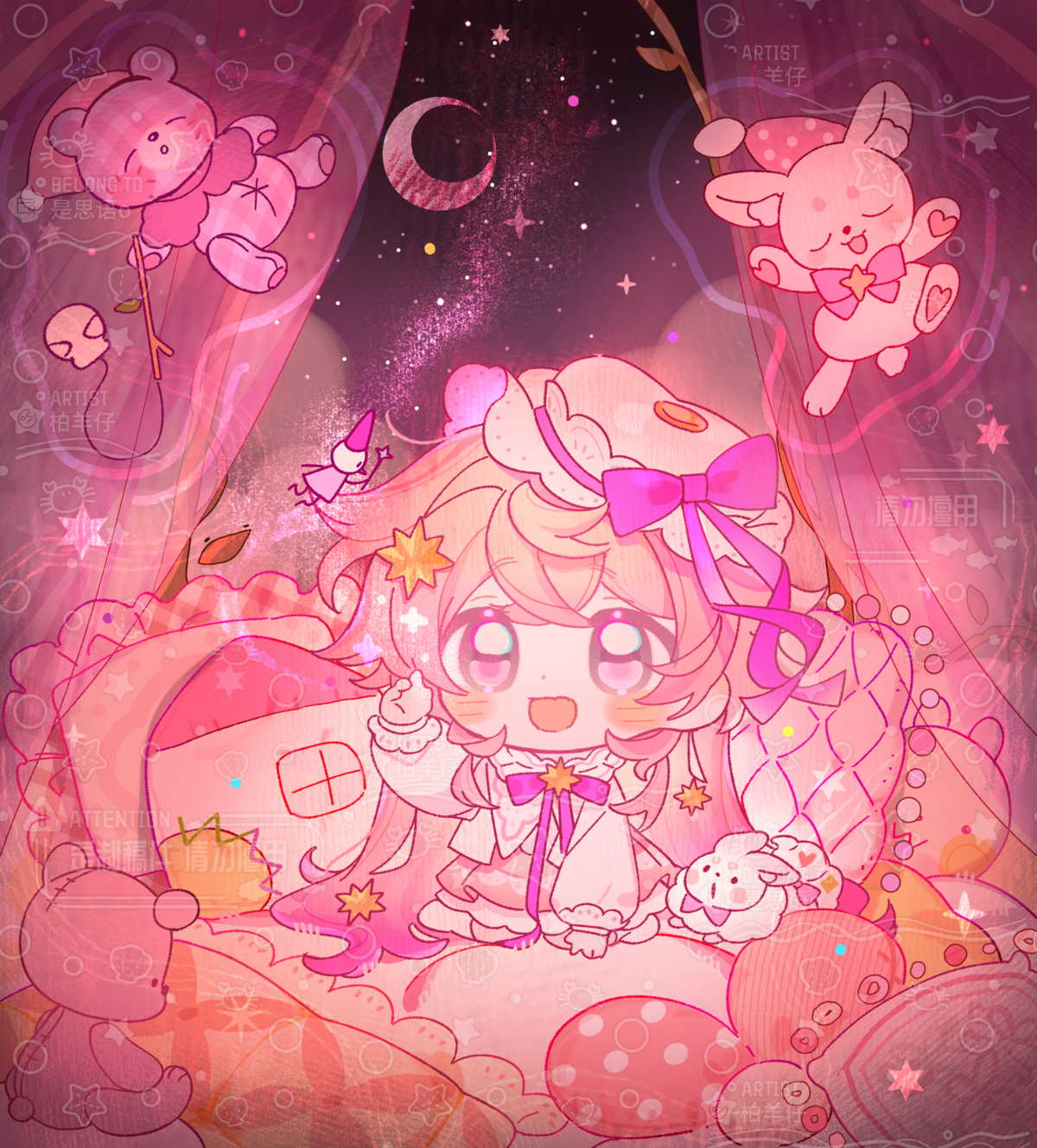original, highres, 1girl, :d, bai yang zi, blonde hair, blush stickers, bow, bowtie, chibi, chibi only, crescent moon, curtains, hair ornament, hand up, hat, hat bow, long sleeves, moon, open mouth, pillow, pink bow, pink bowtie, pink eyes, pink skirt, rabbit, shirt, short hair, sitting, skirt, smile, solo, star (symbol), star hair ornament, stuffed animal, stuffed toy, teddy bear, white hat, white shirt