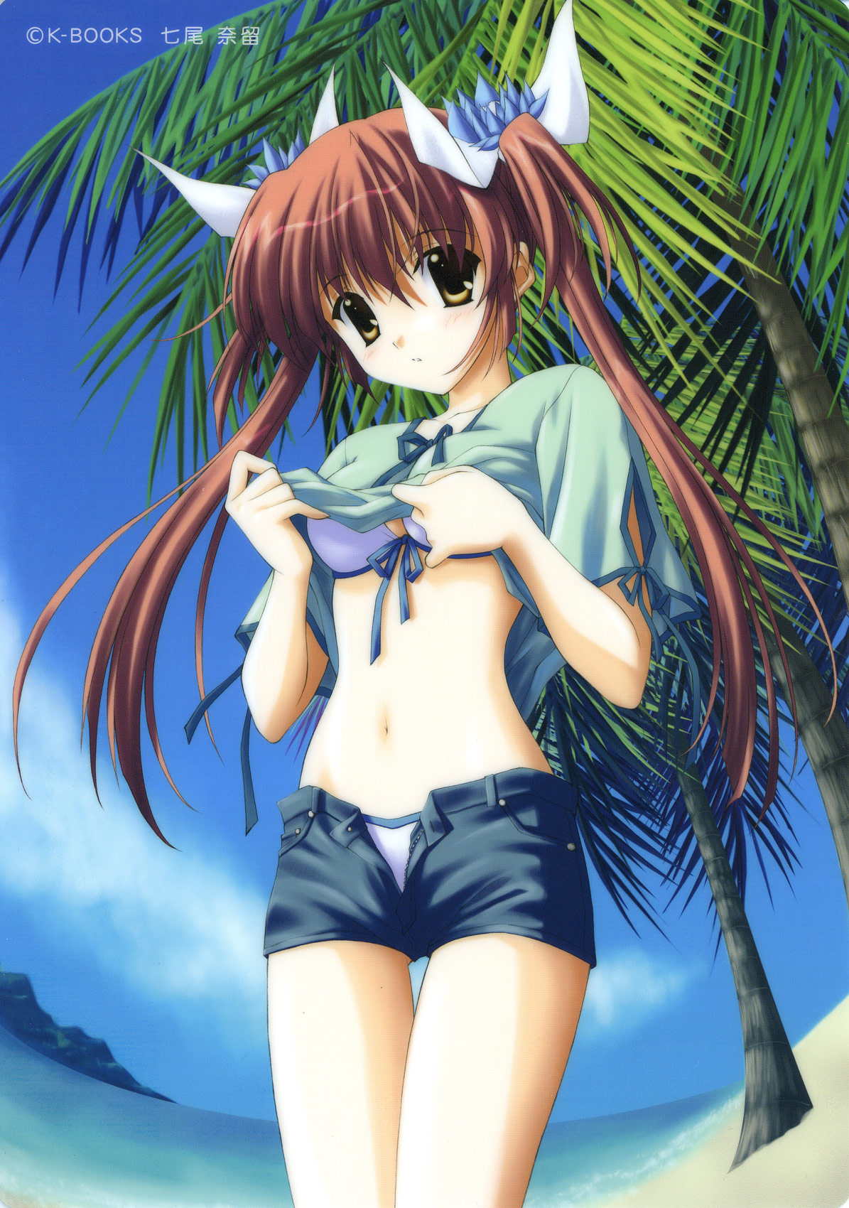 nanao naru, highres, 1girl, beach, bikini, bikini under clothes, brown hair, clothes lift, day, female focus, outdoors, palm tree, red hair, shirt lift, solo, swimsuit, swimsuit under clothes, tree, twintails, undressing, unzipped, yellow eyes
