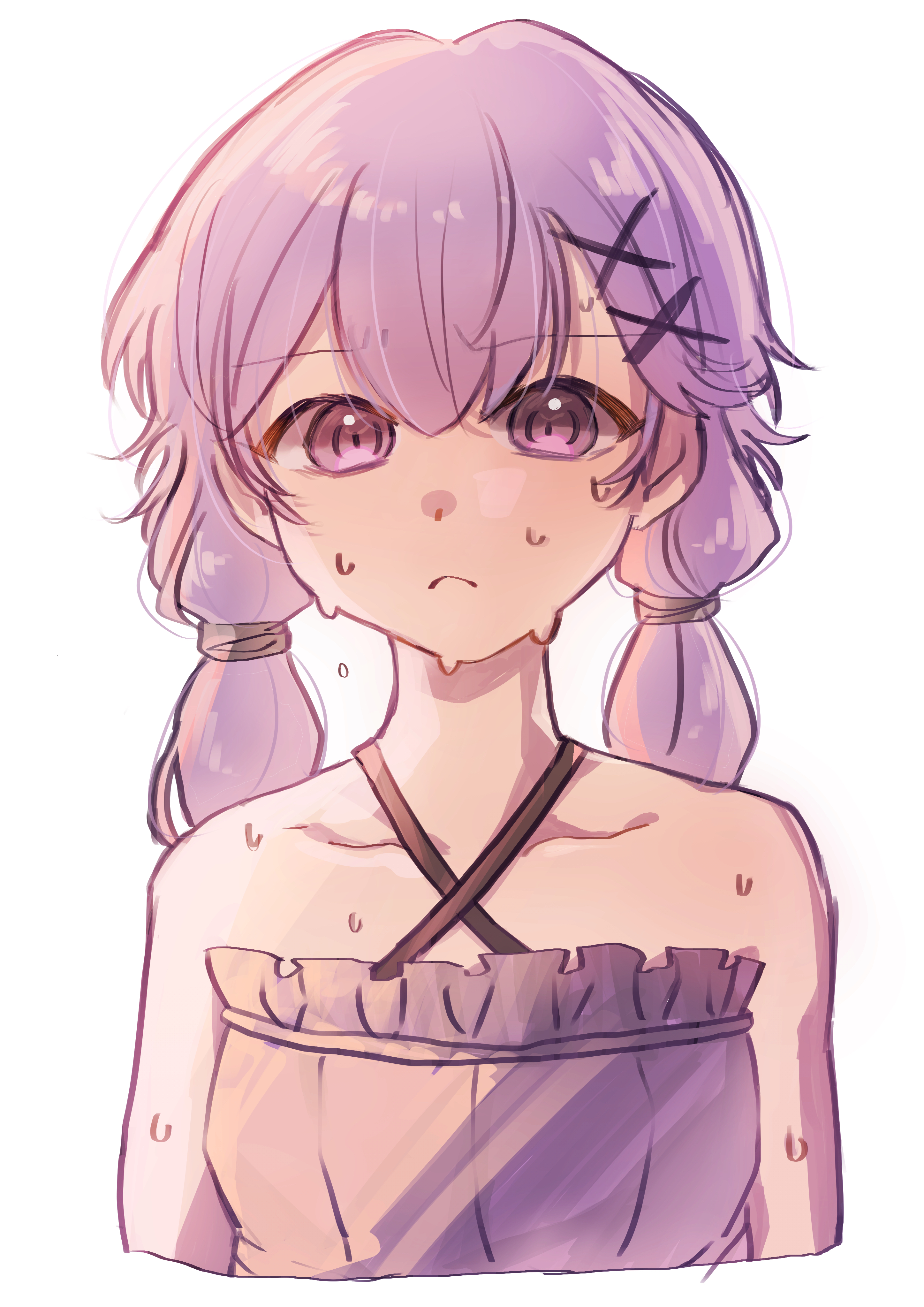 imamiya pinoko, yuzuki yukari, voiceroid, absurdres, highres, 1girl, pink eyes, purple hair, short hair with long locks, solo, sweat, upper body, white background