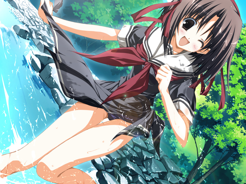 motoyon, kamo kanata, tousui kitan, game cg, 1girl, female focus, panties, pantyshot, river, school uniform, serafuku, solo, underwear, wet