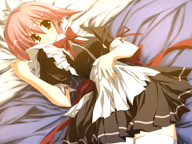 motoyon, moekan, game cg, 1girl, female focus, lying, maid, red hair, solo, thighhighs, zettai ryouiki