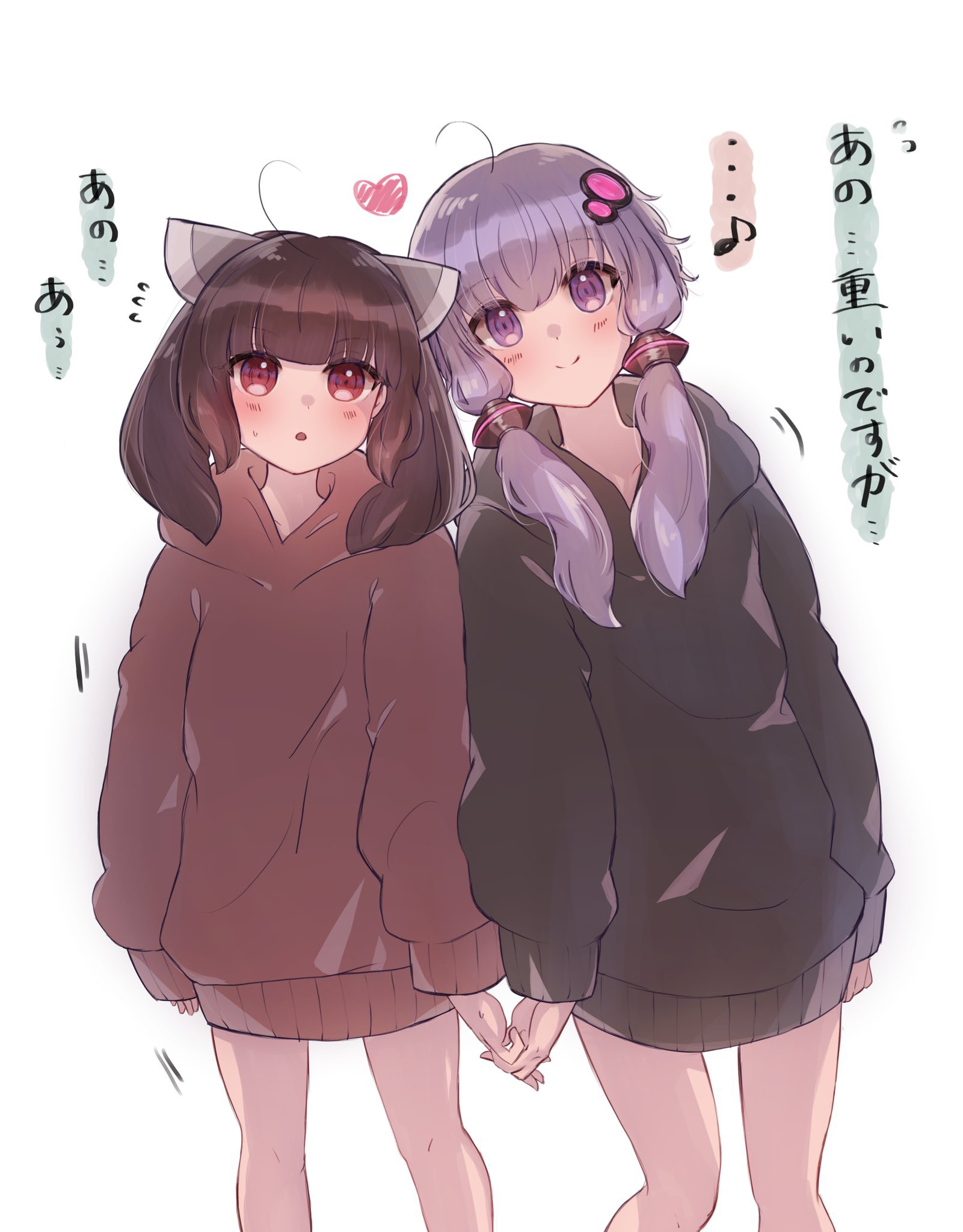 imamiya pinoko, touhoku kiritan, yuzuki yukari, voiceroid, highres, translated, 2girls, brown hair, heart, holding hands, interlocked fingers, leaning on person, long hoodie, multiple girls, purple eyes, purple hair, red eyes, short hair with long locks, twintails, white background, yuri