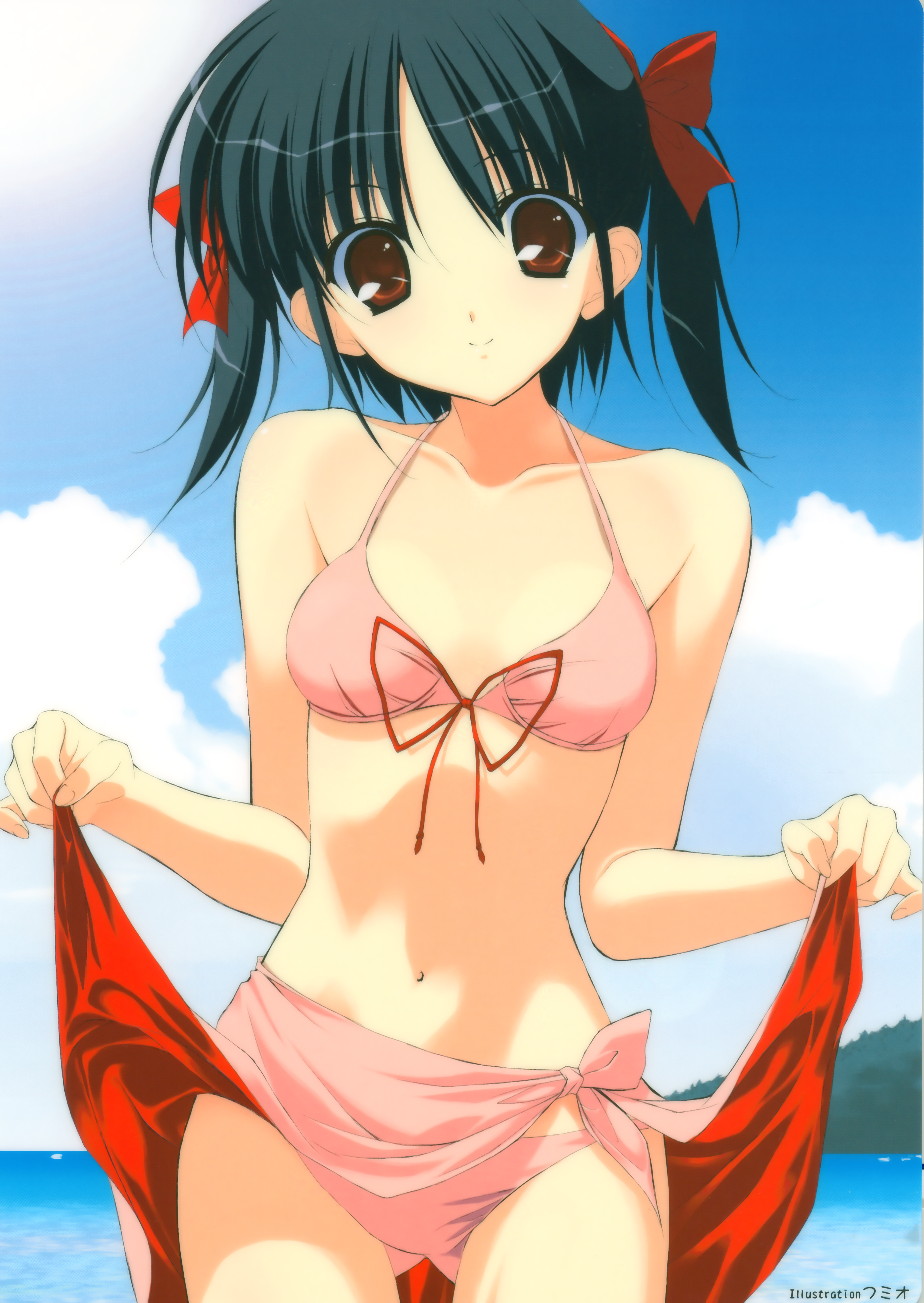 fumio (ura fmo), absurdres, highres, scan, 1girl, beach, bikini, black hair, brown eyes, clothes lift, day, female focus, fmo, outdoors, pink bikini, pink sarong, ribbon, sarong, sarong lift, solo, swimsuit