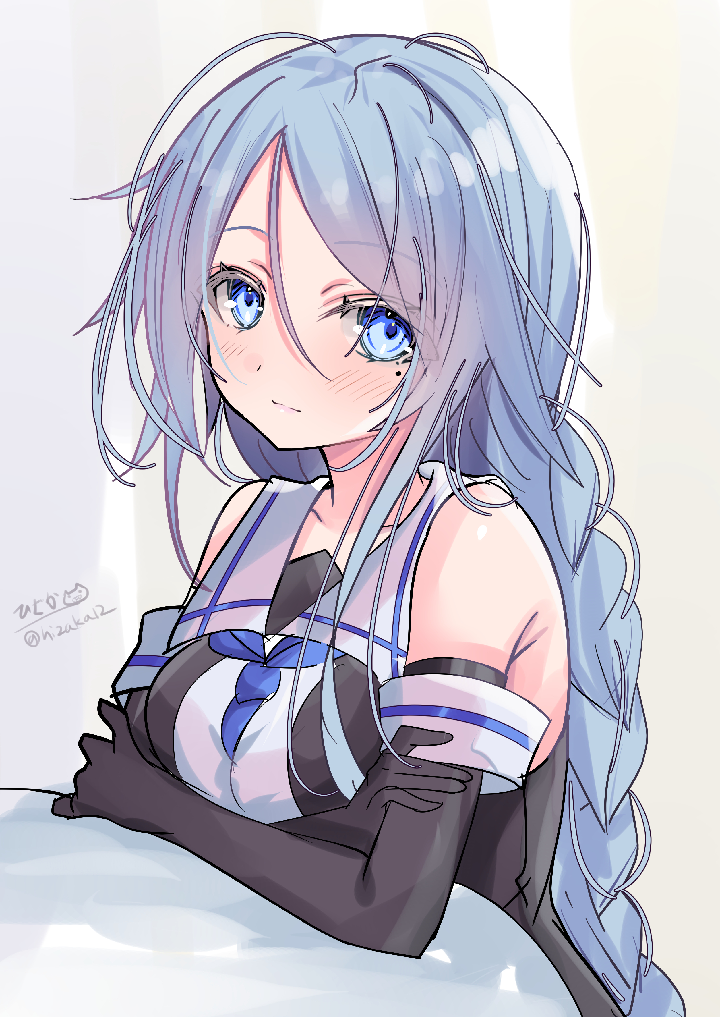 hizaka, umikaze (kancolle), kantai collection, absurdres, highres, 1girl, black gloves, black serafuku, blue background, blue eyes, blue neckerchief, blush, braid, breasts, crossed arms, elbow gloves, gloves, grey hair, long hair, looking at viewer, mole, mole under eye, neckerchief, one-hour drawing challenge, school uniform, serafuku, shirt, signature, single braid, sleeveless, sleeveless shirt, smile, solo, twitter username, upper body, very long hair