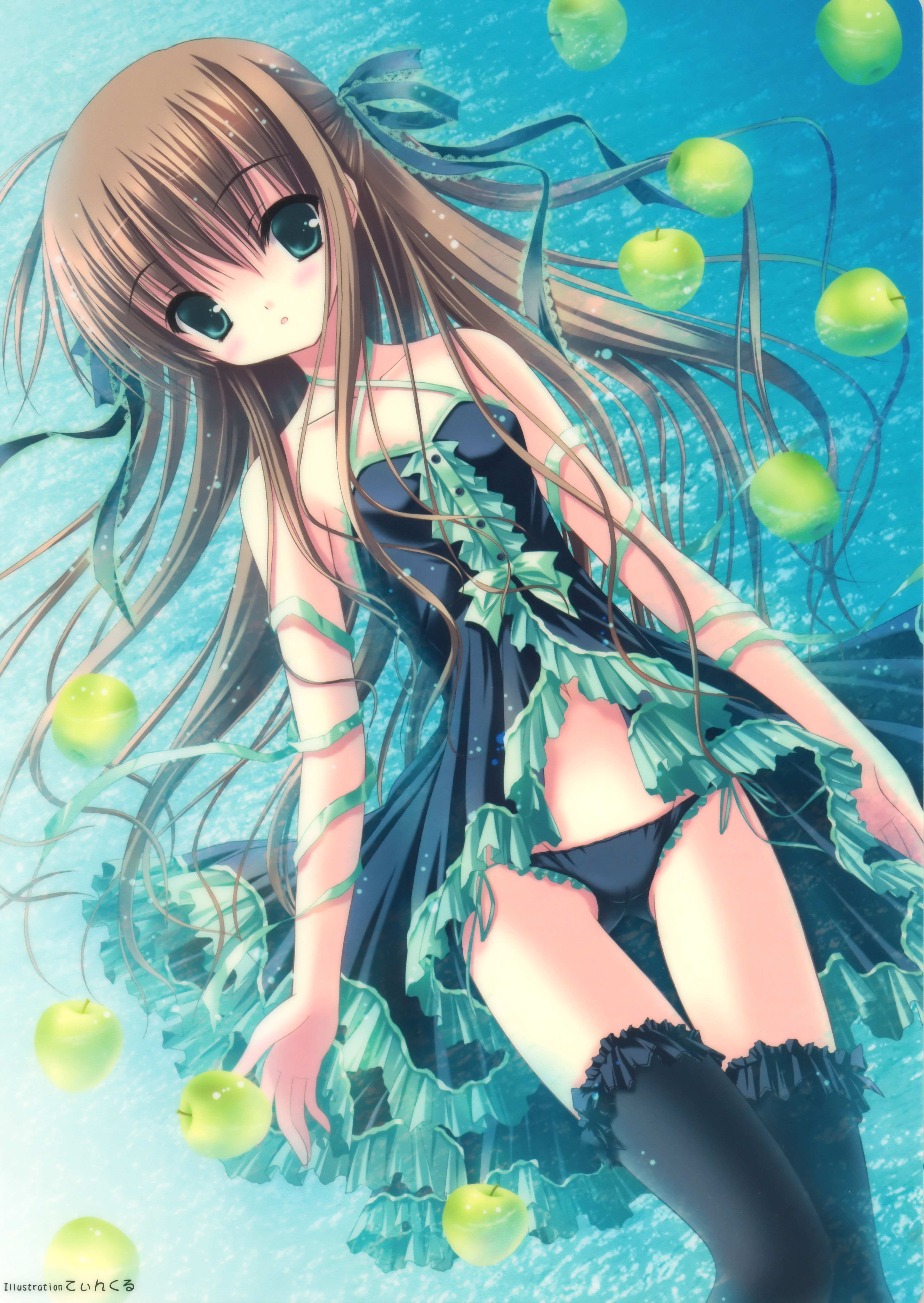 tinker bell (pixiv 10956015), absurdres, highres, huge filesize, scan, 1girl, apple, blush, brown hair, dress, female focus, food, fruit, green eyes, long hair, lowleg, lowleg panties, panties, ribbon, solo, thighhighs, underwear, water