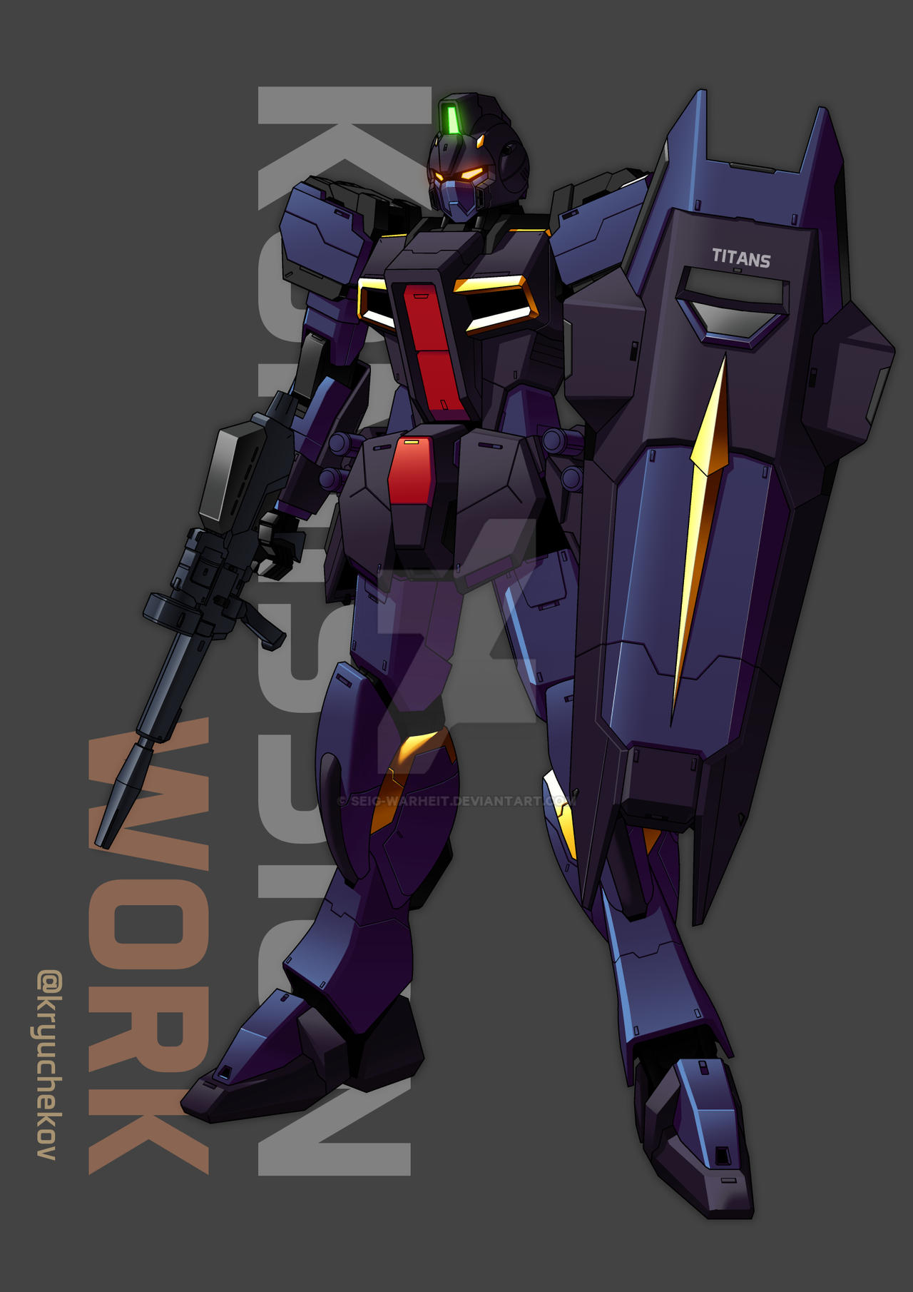 kryuchekov, gundam, original, zeta gundam, commentary, commission, english commentary, highres, beam rifle, dagger noble, energy gun, glowing, glowing eyes, machinery, mecha, mecha focus, mobile suit, no humans, robot, roundel, science fiction, shield, signature, titans (gundam), weapon, yellow eyes