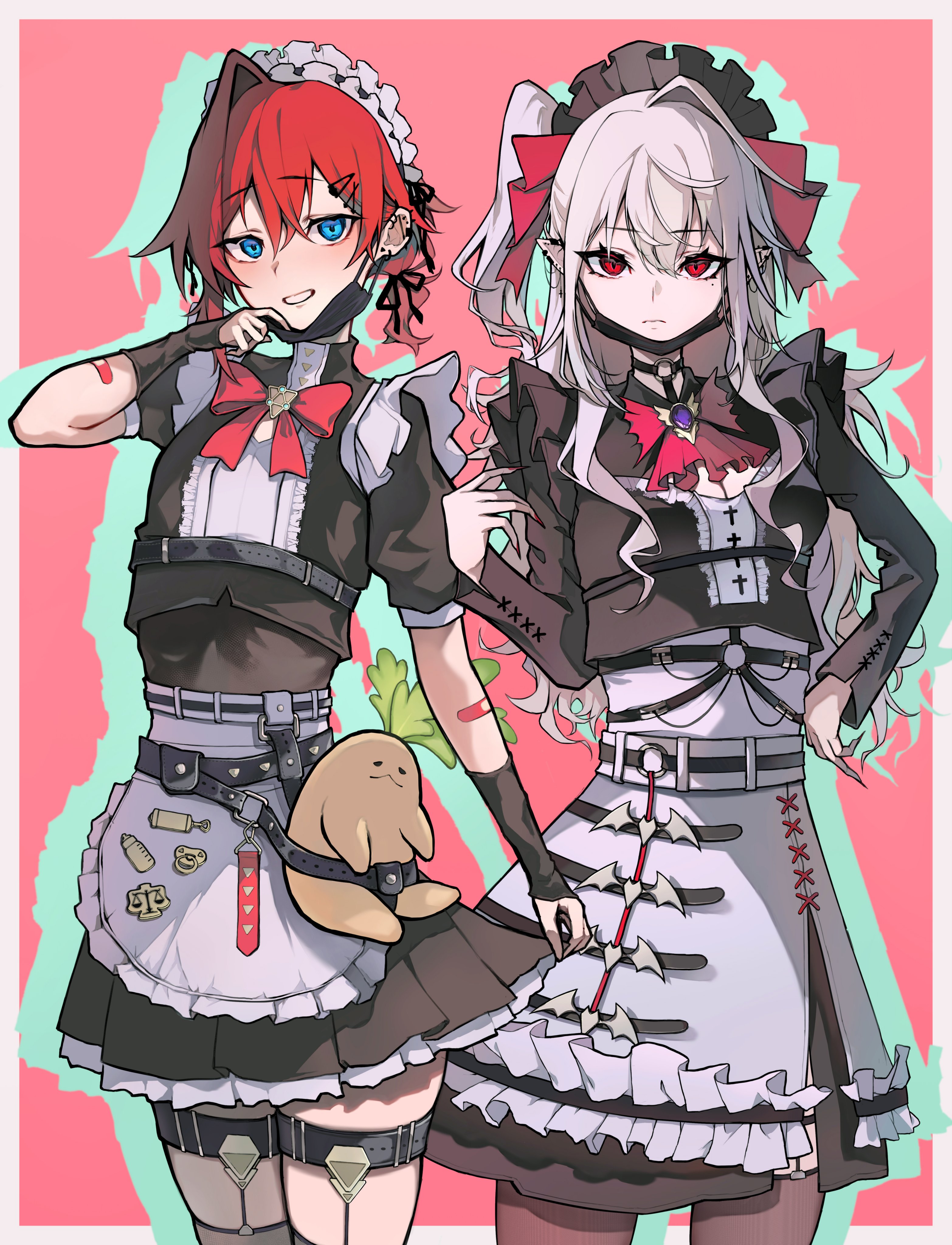 akechi (akechi 5416), ange katrina, kuzuha (nijisanji), mandragora (ange katrina), sanya (kuzuha), nijisanji, absurdres, commentary request, highres, 2girls, adjusting mask, alternate costume, apron, ascot, bandaid, bandaid on arm, barbell piercing, bat ornament, belt, black arm warmers, black belt, black choker, black headdress, black mask, black shirt, black skirt, blue eyes, border, bow, bowtie, breasts, brooch, brown thighhighs, choker, cleavage, cleavage cutout, closed mouth, clothing cutout, colored shadow, cowboy shot, drop shadow, ear piercing, earrings, enmaided, eyelashes, fingernails, frilled apron, frilled shirt, frilled skirt, frills, front slit, gem, genderswap, genderswap (mtf), grey border, grey hair, grin, hair between eyes, hair ornament, hairclip, hand on own hip, hand up, high-waist skirt, industrial piercing, jewelry, layered skirt, legwear garter, light blush, light frown, long fingernails, long hair, long sidelocks, long sleeves, looking at viewer, maid, maid headdress, mandragora, mask, mask pull, medium breasts, miniskirt, mole, mole under eye, mouth mask, multiple earrings, multiple girls, nail polish, o-ring, o-ring choker, one side up, outside border, piercing, pink ascot, pink background, pink bow, pink bowtie, pleated skirt, pointy ears, purple gemstone, red eyes, red hair, red nails, shadow, sharp fingernails, shirt, short sleeves, sidelocks, single hair intake, skirt, skirt hold, small breasts, smile, thighhighs, underbust, very long hair, virtual youtuber, waist apron, white headdress, white skirt