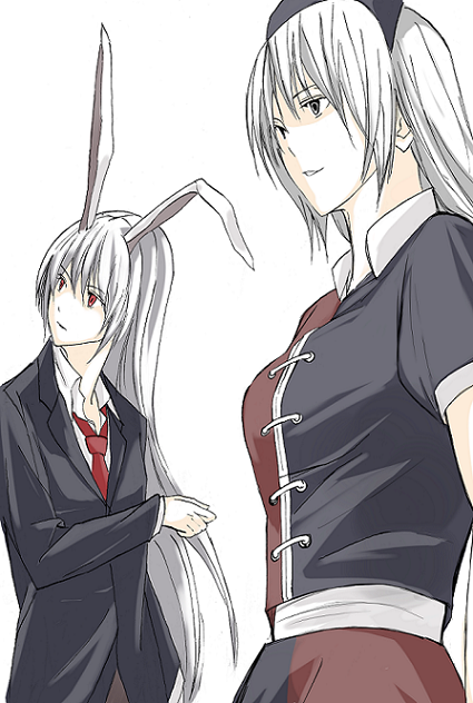 kajiki, reisen udongein inaba, yagokoro eirin, touhou, 2girls, animal ears, female focus, multiple girls, necktie, rabbit ears, red necktie