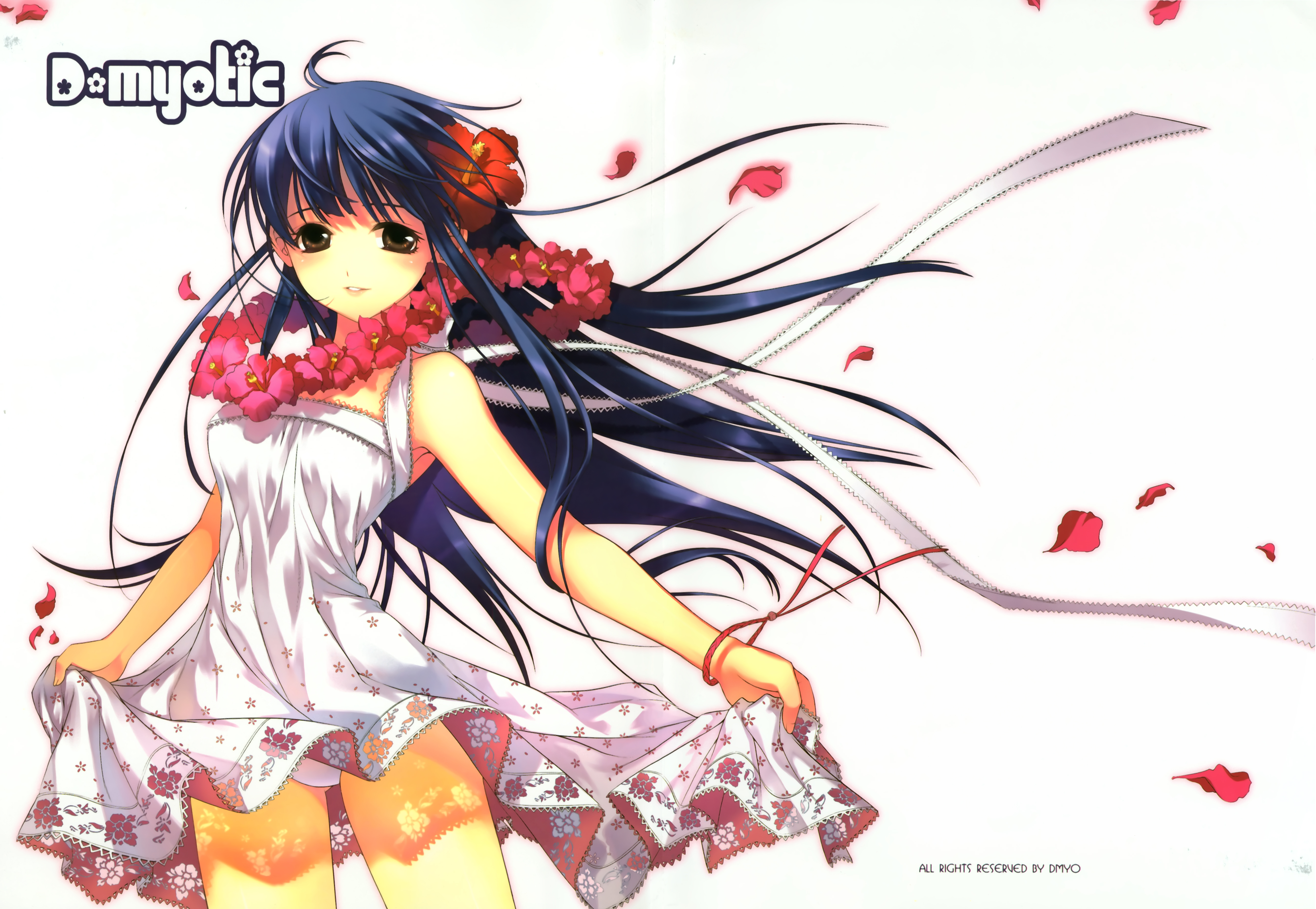 shirahane nao, dmyotic, absurdres, highres, scan, 1girl, blue hair, brown eyes, dress, female focus, flower, hair flower, hair ornament, hibiscus, long hair, panties, solo, underwear