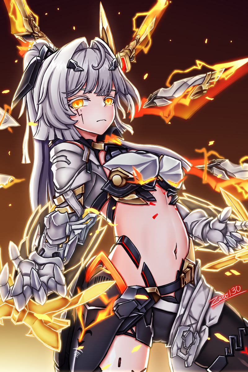 zero130rider, erdos helia, erdos helia (planar armament: warped spacetime), honkai (series), honkai impact 3rd, highres, 1girl, artist name, breasts, closed mouth, gauntlets, grey hair, hair ornament, large breasts, long hair, looking at viewer, mole, mole under eye, navel, solo, yellow eyes
