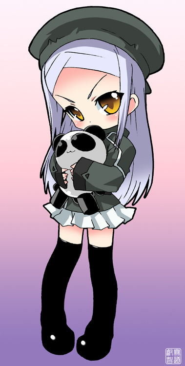 mudou eichi, soma peries, gundam, gundam 00, 00s, 1girl, black thighhighs, female focus, full body, gradient background, panda, parted bangs, solo, standing, thighhighs