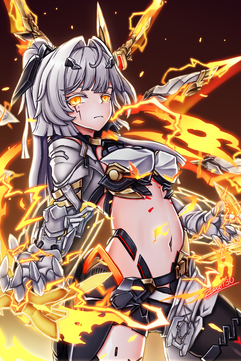 zero130rider, erdos helia, erdos helia (planar armament: warped spacetime), honkai (series), honkai impact 3rd, highres, 1girl, artist name, breasts, closed mouth, gauntlets, grey hair, hair ornament, large breasts, long hair, looking at viewer, mole, mole under eye, navel, solo, yellow eyes