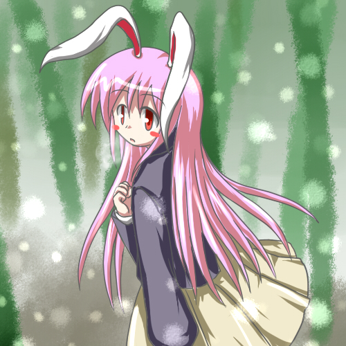 baerun, reisen udongein inaba, touhou, lowres, 1girl, animal ears, female focus, forest, nature, outdoors, pink hair, plant, rabbit ears, red eyes, skirt, solo