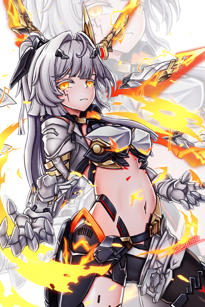 zero130rider, erdos helia, erdos helia (planar armament: warped spacetime), honkai (series), honkai impact 3rd, highres, 1girl, artist name, breasts, closed mouth, gauntlets, grey hair, hair ornament, large breasts, long hair, looking at viewer, mole, mole under eye, navel, solo, yellow eyes