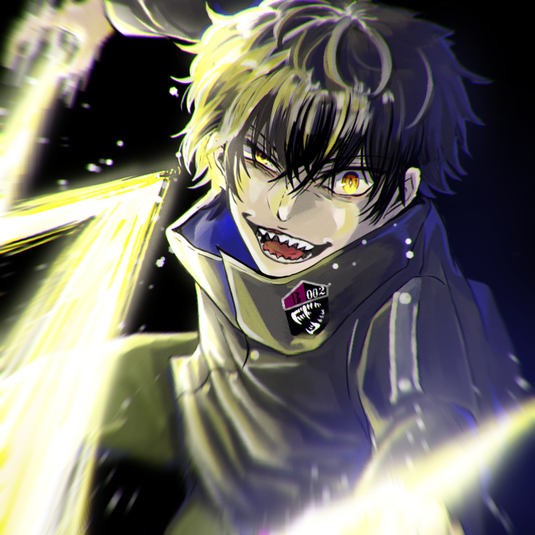 syun (ginmone), kageura masato, world trigger, black background, black hair, hair between eyes, jacket, looking at viewer, male focus, open mouth, solo, teeth, yellow eyes