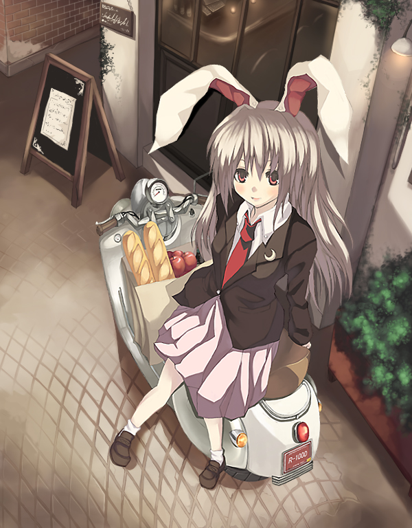 ken (coffee michikusa), reisen udongein inaba, touhou, vehicle, 1girl, animal ears, bread, female focus, food, groceries, motor vehicle, necktie, rabbit ears, red necktie, scooter, shopping, skirt, solo