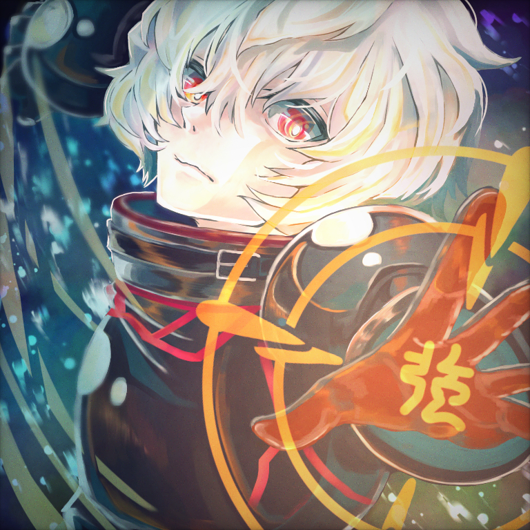 syun (ginmone), kuga yuuma, world trigger, blue eyes, closed mouth, hair between eyes, looking at viewer, male focus, open hand, reaching, reaching towards viewer, red eyes, solo, white hair